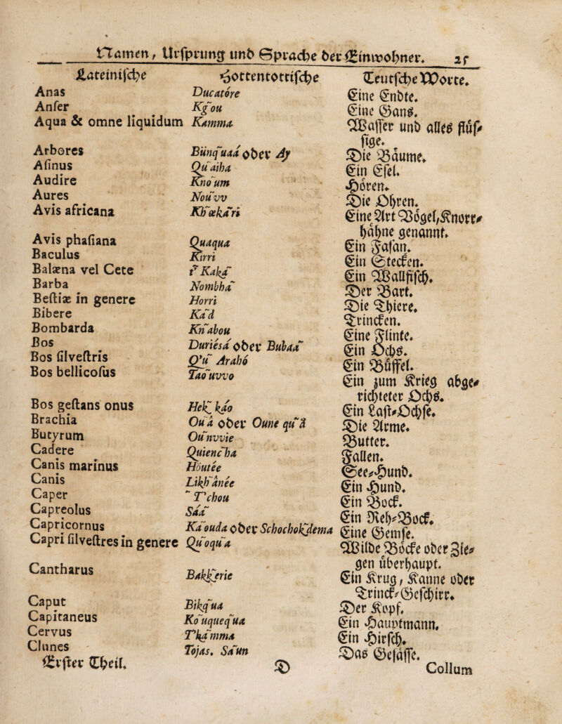 ! Hamm, tttfpitmçy mb Bpvacbe feg- {ginmohnor. 3f £atemtfd?e c^c Anas Ducatore Anfer # # Kgott Aqua & omne liquidum Kamma Arbores Afinus Audire Aures Avis african* Bümfuaa ober Aj Quaiha Kilo um Nouvv KFœkari Avis phafiana Baculus Balæna vel Cete Barba Beftiæ in genere Bibere Bombarda Bos Bos filveftris Bos bellicofus Quaqua Kirrt fKakf Nombha Horn Kad Knabou Duriésa ober Bub da Qu Arabd Tao~uvvo Bos geftans onus Brachia Bucyrum Cadere Canis marinus Canis Caper Capreolus Capricornus Capri filveftres in genere Hel£ k/o Ou a ober Orne qu'à Ounwie Quiencha Hôutée Likkanec  Tchou Saa Ka ouda ober Schochol^dema Quo qua Cantharus Bakterie t Caput Capitaneus Cervus CI unes - ££vjîer Chetl. Bikcfua Kouquequa Tkamma Tojas, Saun © Ceti tfcfye Worte, gine gnbte. ©ne ©anê. SBaffet unb alité fiûf> fm- ' ©te Jaunie, gin gfei. •Ç)oren» ©ie £>ijren. gine21rt33ôgei,S?nortv t>a^nc genannt, gin jafait. gin ©tecfen. gin SBallftfd), ©er $3art. ©ie ^biere. ©nncfen. gine glinte. gin Ocfeô. gin iSutfei. gin jum £rieg abge* richtetet £)$& gin £a(l»£>cbfe. ©ie 2lrme. Q3ufter. Catien. <See*#unb. gin $unb, gin 35ocf. gin Dïel)*Q3ocf. gine ©emfe. OBiibeSSocfe ober Sie# gen überhaupt, gin £rug, latine ober ^rincfvgkfcbirr. ©er Äepf, gin ^auptmann. gin ^irfch, 3)ao ©eläfle. Collum