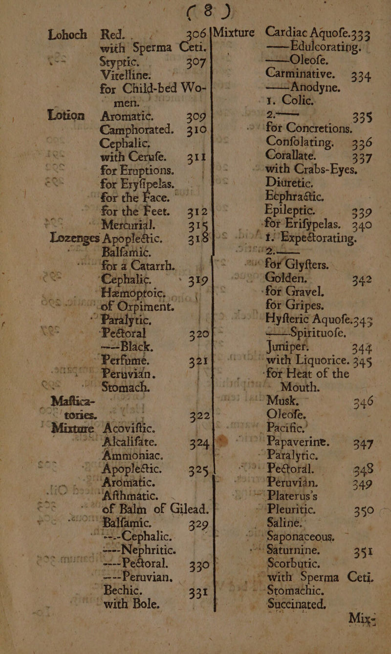 / C8 D}: Lohoch Red. 466 Mixture Cardiac Aquofe. 333 with Sperma Ceti.} —~—Edulcorating. © es Styptic. | 307 ——Oleofe. Virelline. _Carminative. 334 for Child- bed Wo- ——Anodyne. “mene! 1. Colic. ‘Lotion Aromatic. 309 ; ean Camphorated. 310 ' for Concretions. Cephalic, | - Coiffdlating 336 x with Cerufe. 311 Corallate. 237 . for Eruptions. - with Crabs-Eyes, . for Eryfipelas. Diuretic. for the sin Eephraétic. for the we 312 Epileptic: 339 | ROD for Erifypelas. 340 ~ ‘Mercurial. 315 bh Expectorating. &gt; nee . bag, Apople@ic. 318 Balfamic. co No WOT a Coatarr ha, &lt;a’ «Fol Giter ees ‘Cephalic. ~ » 319 ~ Golden. 342 PO 5 122.) a eee ‘for Gravel. | ie sigh Oxpiment. Gt: _ for Gripes. tous Je, f ~ Hyfteric Aquofe.343 “8. ‘Peétoral 320] += Spirituofe. Black. | Juniper. 344 ‘Ca Perfume. 321} “with Liquorice. 345 _ ak Peruvian. ie _ ‘for Heat of the a a Stomach. a teu Mouth. _ Maftica- cir | Musk. 346 tories, 322 Oleofe. Wh * Mixeore Acovitic. . Pacific.’ | * Alcalifate. 324, e. “O° Papaverine. 347, ee ~ Ammohiac. | _ Paralytic. | ‘ “ “Apopletic. 3251 ‘ PeGoral. 348 | eho 1 Aromatic. op ~ Pernviin. 249 Vda ae 4c ) = Platerus’s “&lt; *ef Balm of Gilead. _ © *Pleuritic. 350 - aie “* Balfamic, B29 _ Saline: — | eee erric: x _ Saponaceous, .__,.,see-Nephritic. ~~ Saturnine. 351 mi Pe oral. . 330T Scorbutic. - =---Peruvian, | with Sperma Ceti. ~ Bechic. 331] Stomachic. with Bole. | ‘ ¢ Saetinaned Migs