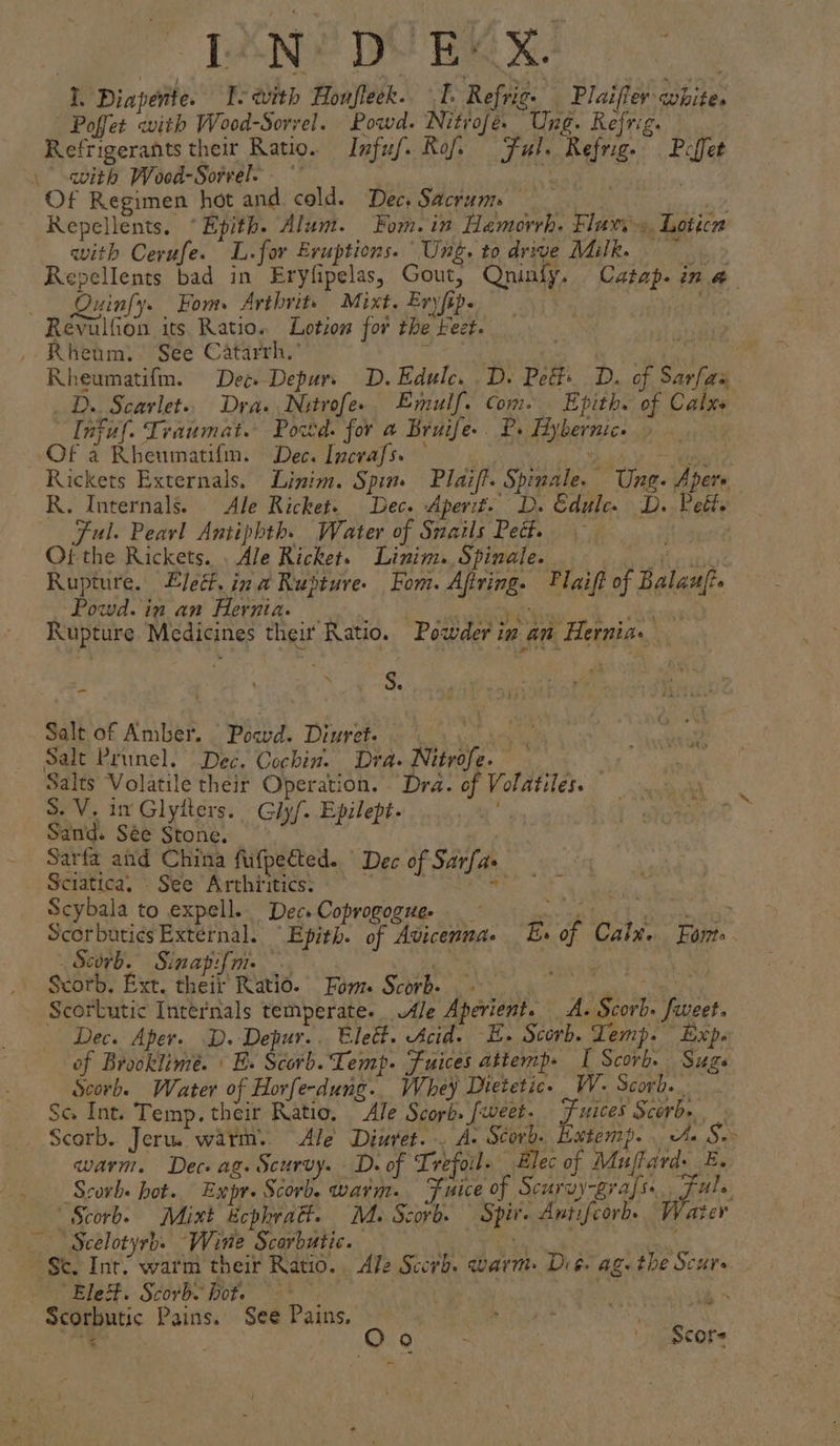 Poffet with Wood-Sorvel. Powd. Nitrofe. Ung. Refrig. Refrigerants their Ratio. Infuf. Rof, Ful. Refrig. Pcffet with Wood-Sorrel.- ~ pay EAD Of Regimen hot and cold. Dec. Sacrum “e Repellents. “Epith. Alum. Fom.in Hamorrh. Flax... Loticn with Cerufe. L.for Eruptions. Ung. to drive Milk.» Repellents bad in Eryfipelas, Gout, Qninfy. Catap. ina _ Quinfy. Eom. Arthrit. Mixt. Eryfip. 3 . Revulfion its Ratio. Lotion for the Feet. Rheum. See Catarrh.’ : “al Rheumatifm. Dec.-Depurs D. Edule. .D. Pett D. of Sarfax D.. Scarlet.. Dra. Nitrofe. Emulf. Com. Epith. of Cals Infuf. Traumat. Powd. for a Bruife.. Ps Hybernic | Of a Rheumatifm. Dec. Incrafs. wine, anpall Rickets Externals. Linim. Spin. Plaiff. Spinale. Ung. Apere R. Internals. Ale Ricket. Dec. Aperit. D. Edule. D. Petts Ful. Pearl Antipbth. Water of Snails Pett. ! Of the Rickets. . Ale Ricket. Linim. Spinale. Rupture. Elect. ina Rupture. bom. Afiving. “Powd. in an Hernia. papas a he Rupture Medicines their Ratio. Powder im an Hernia. x S - i. ° t Plaift of Balan. Salt of Amber. | Powd. Diurete oS Salt Prunel. Dec. Cochin. Dra. Nitrofe. Salts Volatile their Operation. Dra. of Volatiles. S. V. in Glyiters. Glyf. Epilept. “er Sand. Sée Stone. Sarfa and China fufpected.. Dec of Sarfa Sciatica, See Arthritics; a Bi Scybala to expell.. DecsCoprogogue. _ moe ee ScorbutiesExternal. “Epith. of Avicenna. Es of Calx. Fonte corb. Sinap:if{m. - . , Mabie ent] Scorb. Ext. their Ratio. Pom. Scorb. Lib Seri Scorbutic Internals temperate. Ale Aperient. A. Scorb. fweet. Dec. Aper. D. Depur.. Elett. Acid. -E. Scorb. Lemp. Exp. of Brooklimé. \ E. Scorb. Temp. Fuices attemp- I Scorh. Suge Scorh. Water of Horfe-dung. Whey Dietetic. W. Scorb.. Sc Int. Temp. their Ratio. Ale Scorb. [weet. Fuices Scorb. Scorb. Jeru. warms. Ale Diuret.. A. Scorb. Hutemp. A. Se warm. Dec. ag. Scurvy. D. of Trefoil. Elec of Muffard: E. Srorb. hot. Expr. Scorb, warm. “Fuice of Scuruy-grafs. Wy ale ‘“Scorb. Mixt Ecphratt. MM. Scorb. Spr. Antifcorbs ater —— Scelotyrb. Wine Scarbutic. $c. Int. warm their Ratio. “Bled. Scorb. bot. °° ' Scorbutic Pains. See Pains, ’ Ale Scorh. warm: Die ag. the Scure. Oo . “Score