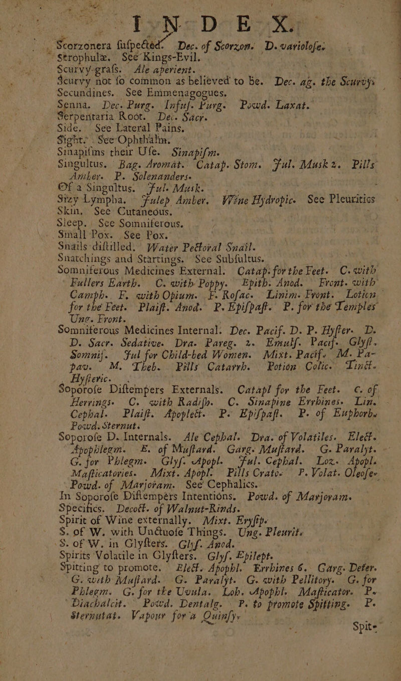 pee Scorzonera fifpediad” Dec. of Scorzom. D. variolofe. _°.“ $trophule. See Kings-Evil.. Scurvy not fo common as believed to be. Dec. ag. the Scurvy Secundines.. See Enimenagogues, _ : Senna. Dec. Purg. Infuf. Purge Powd. Laxat. Serpentaria Root. Dec. Sacr. - Side. See Lateral Pains. | Sight? . See-Ophehalim. | ; Sinapitins their Ufe. Sinapifm. Singultus. Bag. Aromat. Catap. Stom. Ful. Musk2z. Pills Amber. P. Solenanders. — | ©f a Singnltus. Ful. Musk... r : Srzy Lympha. Fulep Amber. Wine Hydvopice Sec Pleuritics Skin, See Cutaneous.” - Sleep. See Somniferous. | Sinall Pox. See Pox. Pe &amp; Snails diftilled. Water Peétoral Snail. Snatchings and Startings. See Subfultus. | pany Somniferous Medicines External. Catap: forthe Feet. C. with | Fullers Earth. C. with Poppy. Epith. Anod. Front. with Camph.. F. with Opium. F. Rofac. Linim. Front. Loticn for the Feet. Plaift. Anod. P.Epifpaft. P. for the Temples Une. Front. 2 Somniterous Medicines Internal. Dec. Pacif. D. P. Hyfier. D. D. Sacr. Sedative. Dra. Pareg. 2. Emulf. Pacif. Glyf. Somnij. Ful for Child-bed Women. Mixt. Pacif « M Pa- pav. M. Theb.. Pilly Catarrh. Potion Colic. Lind. . Ayfteric. Soporofe Diftempers Externals. Catapl for the Feet. . of Hervings. C. with Radifh. C. Sinapine Evrbines» Lin. Cephal. Plaift. Apoplett. P. Epifpaft. P. of Euphorbs Powd. Sternut. ; | ¢ Soporofe D. Internals. Ale Cephal. Dra. of Volatiles. Elett. Apophlegm. £. of Muftard. Garg. Muffard. G. Paralyt. ~ G. for Phiegm. Glyf. Apopl. Ful. Cephal. Loz. Apopl. . Mafticatovies. Mixt. Apopl. Pills Cratos P. Volat. Oleofer Powd. of Marjoram. See Cephalics. sit om In Soporofe Diftempérs Intentions. Powd. of Marjoram. SpeGihies, Decott. of Walnut-Rinds. Spirit of Wine externally. Mixt. Eryftp. ) S. of W. with Unctuofe Things. Ung. Pleurit. S. of W. in Glyfters. Ghf. Anod. Spirits ‘Volatile in Glyfters. Glyf. Epilept. Spitting to promote. Ele. Apophl. Errbines 6. Garg. Deter. G. with Muftard. G. Pavalyt. G. with Pellitory. G. for Phlegm. G,. for tke Uvula. Loh. Apophl. Mafticator. P. ‘ Diachalcw#.. Powd. Dentalg. | P. to promote Spitting. he Sternutat. Vapour fora OQuinfyy ; &lt;i Spite” is aan atin aoe