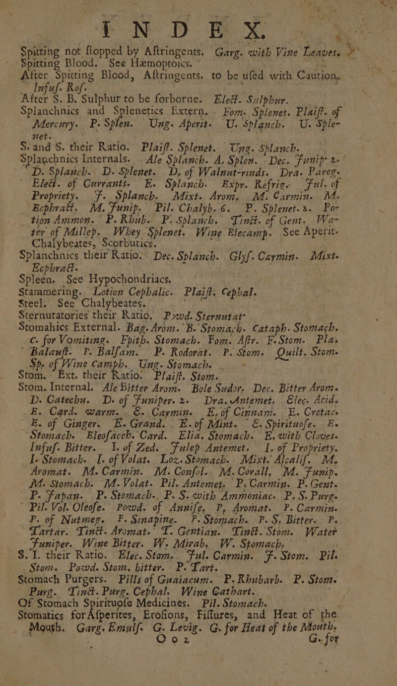 ON BRE aes Spitting not flopped by Aftringents. Garg. with Vine Leaves, ig After Spitting Blood, Aftringents. to be uled with Caution, — _ Infuf. Rof. | After S$. B. Sulphur to be forborne. Eleé. Sulphur. ie Splanchnics and Splenetics Extern. - Fom. Splenet. Plaift. of Mercury. PB. Splen. Ung. Aperite U. Splanch. | U. Sple- net. S. and S. their Ratio. Plaift. Splenet.. Ung. Splanch. Splanchnics Internals. Ale Splanch. A, Splen. Dec. Funip&gt;2- | D. Splanch.. D. Splenet. D, of Walnut-rinds. Dra. Pareg- Ele. of Currants. E. Splanch. Expy. Refrice Ful. of Propriety. F. Splanch. Mixt. Avom, M. Carmin. M: Ecphratt. M, Funip. Pil. Chalyb.6. P. Splenet.2. Po- _ tion Ammon, P. Rhub. P. Splanch. Tinét. of Gent. Wa- ter id Millep. Whey Splenet. Wine Elecamp. See Aperit: Chalybeates, Scorbutics. ha Splanchnics their Ratio.~ Dec. Splanch. Glyf. Caymin. Mixt. Ecphrad. 2) ARNE OPES Pay Spleen. See Hypochondriacs. Stammering. Lotion Cephalic. Plaift: Cepbal. Steel. See Chalybeates. ei ad Sternutatories their Ratio, Pod. Sternutat* Stomahics External. Bag. Avom.'B.' Stomach. Cataph. Stomach. c. for Vomiting. Fpith. Stomach. Fom. Aftr. EF. Stom. Pla. | Balauft. P. Balfam. P. Rodorat. P. Stom. Quilt. Stom- Sp. of Wine Camph.. Ung. Stamach. ; Stom. Ext. their Ratio. P/ai/t. Stom. Stom. Internal. Ale Bitter Avom. Bole Sudov. Dec. Bitter Avom- D. Catechu. D+ of Funiper.2. Dra.Antemet. Elec. Acid E. Card. warm... €..Caymin. E, of Cinnam. E. Cretacs E. of Ginger. E. Grand. . E.of Mint. — &amp;. Spirituofe. E- Stomach. Eleofacch. Card. Elia. Stomach. E. with Cloves. Infuf. Bitter. I. of Zed. Fulep Antemet. I. of Propriety. I. Stomach. I. of Volat. Lox. Stomach. Mixt. Alcalif. M. | Aromat. M.Carmin. M. Confol.. M.Corall, M. Funip. M. Stomach. M.Volat. Pil. Antemet. P.Carmin. P. Gent. P. Fapan. P. Stomach., P. S. with Ammoniac.. P. S. Purge Pil. Vol. Oleofe. Powd. of Annife, P, Aromat. P. Carmin. P. of Nutmeg. .Sinapine. F. Stomach. P. S, Bitters Ps, Tartar. Lind. Aromat.’ T. Gentian. Tint. Stom. Water Funiper. Wine Bitter. W: Mizab, W. Stomach, — S. 1. their Ratio. Elec. Stam, Ful. Carmin. F. Stom. . Pil. - Stom. Powd. Stom. bitter. P. Tart. ; Stomach Purgers. Pills of Guaiacum. P.Rbubarb. P. Stom. Pave. Tink. Purg. Cepbal. Wine Cathart. | ee. Of Stomach Spirituofe Medicines. Pil. Stomach. __ d Stomatics forAfperites, Erofions, Fiflures, and Heat of the Mouth. Garg. Emulf. G. Levig. G. for Heat of the Mouth, ; a Oo2 G. for