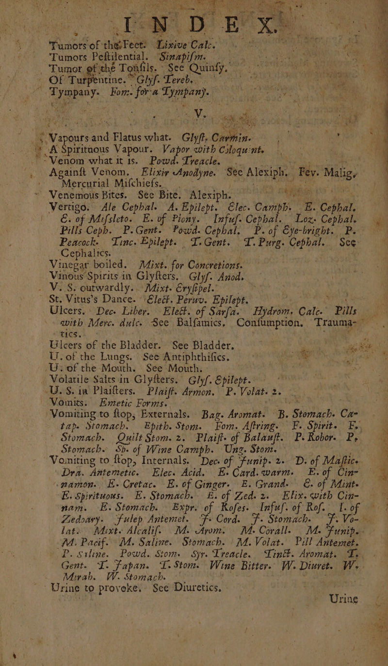 Tumors of the’ Feet: Lixive Cake Me ye Tumors Peftilential. &lt;Sivapifm. 9. oo a A ‘ _ Eumor, gf thé Toafils. See Quinfy, . Oe Turpencine.GhF Lerebey') 8 ae sone Tympany- Fonz. fora Lympany. a. re | Wapours and Flatus what. Glyft, Carmin. t “+ A Spiritaous Vapour. Vapor with Coloquint. &gt; Venom what it 1s. Powd. Treacle. Mercurial Mifchiefs. ) Vertigo. Ale Cephal. A. Epilept. Elec. Camph. | Ex of Mifsleto. E. of Piony. Infuf. Cephal. 3 E. Cephal. Loz. Cephal. ‘Cephalics. Rith f Vinegars boiled. Mint. for Comcretions. Vinous Spirits in Glyfters, Glyf. Anod. - V..8. outwardly. . Mixt. Eryfipel. ae ~ St. Vitus’s Dance. 'Eleét. Peruv. Epilept. tics. } Ulcers of the Bladder. See Bladder. re Hei U. of the Lungs. See Antiphthifics. ae ee Us of the Mouth. See Mouth. . Volatile Saits'in Glyfters. Gly/. Epilept. . U.S. iw Plaitters. Plaift. Avymon. P. Volat.2. — Vomits. Entetic Fornts.. ich Sate Vomiting to flop, Externals. Bag. Aromat. B. Stomach. Ca- tap. Stomach. Epith. Stom. Fom. Aftving. F. Spirit. Fy ' Stomach. Quilt Stom.2. Plaifte of Balauft. P.Robore Pp Stomach. Sp. of Wine Camph. Ung. Stom. Vouniting to ftop, Internals. “Dec. of Funip. 2. Dra. Antenretic. Elec. Acid. E. Card. warm. -pamon. E. Cretac. E. of Ginger. E. Grand- 4 of Mapiic. E. of Cin- &amp;. of Mint. lates’ Mixte Alcalif. M. Apom. MM. Corall. MM. Pacif. M. Saline. Stomach. | M. Volat. P. Siline. Powd. Stom. Syr. Treacle. Tint. M. unipe my Pil he Aromat. Bi 4 Mirah. W. Stomach, _ Urine to proveke. See Diuretics. Urine