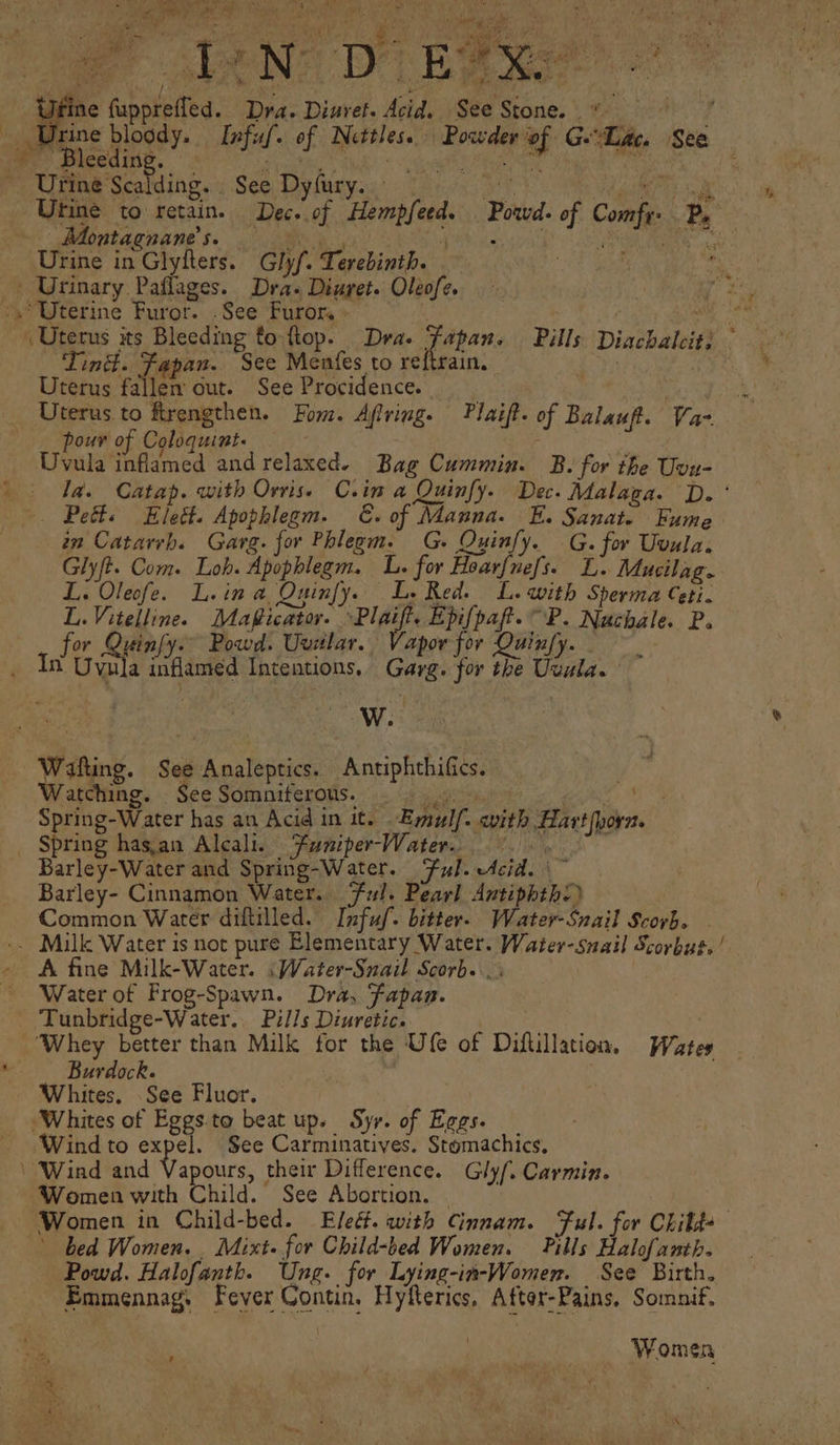 Pe re Oe eel ar) A et eee. ae - 4 . Ae ge oe a Va Reta ee ‘ ‘ Bi hat ic ee Wi a eee a tfine fupprefled. Dra. Diuret. Acid. See Stone. * |” Urine blogdy. Infuf. of Nettles.» Powder ‘of GLa. See ~~ Bleeding. Sas Mee ais me : “ Uitna Seating. See Dyfury. - oF VA glMeny cee Urine to retain. Dec..of Hempfeed. Powd- of Comfy: Ps ~~ Montagnane’s. Pik ‘ Urine in Glyfters. Glyf. Terebinth. Urinary Paflages. Dra. Diuret. Oleofe. +s’ Uterine Furor. .See Furor » ae Uterus its Bleeding to top. Dra. Fapan. Pills Diachaleit! © Tind. ee See Menfes to reftrain. By ee: Uterus fallen out. See Procidence. tale Uterus to firengthen. Fom. Afiving. Plaift. of Balauft. Va- pour of Coloquint. Uvula inflamed and relaxed. Bag Cummin. B. for the Uvu- -. Pes LEleé. Apophlegm. €. of Manna. E. Sanat. Fume in Catarrh. Garg. for Phlegm. G. Ouinfy. G. for Uvula. Gly ft. Com. Loh. Apophlegm. K. for Hoarfnefs. L. Mucilag. L. Oleofe. L.ina Quinfy. L, Red. L. with Sperma Ceti. L. Vitelline. Mapicator. Plaift. Epifpaf.”P. Nuchale. P. _ for Reeinly. Powd. Uvilar. Vapor for Quinfy. In Uvula inflamed Intentions. Garg. for the Uvula. ' W. Wafting. See Analeptics. Antiphthifics. | Watching. See Somniterous. . 9)... mae, 7% Spring-Water has an Acid in it. Emulf. avith Hart (horn. _ Spring has.an Aleali. Funiper-Water. 9. Barley-Water and Spring-Water. Ful. decid. \ ~ Barley- Cinnamon Water. Ful. Pearl Antiphth&lt;) Common Water diftilled. Infuf. bitter. Water-Snail Scovh. -. Milk Water is not pure Elementary Water. Water-suail Scorbus. | A fine Milk-Water. &lt;Water-Snail Scorb... Water of Frog-Spawn. Dra, Fapan. Tunbridge-Water.. Pills Diuretic. | ‘Whey better than Milk for the Ufe of Diftillation, Wates Burdock. . ; Whites. See Fluor. ‘Whites of Eggs.to beat up. Syr. of Eggs. Wind to expel. See Carminatives. Stomachics. ‘ ‘Wind and Vapours, their Difference. Glyf. Carmin. Women with Child. See Abortion. | Women in Child-bed. Eled. with Cinnam. Ful. for Childe bed Women. . Mixt. for Child-bed Women. Pills Halofanth. Powd. Halofanth. Ung. for Lying-in-Women. See Birth. Emmennag. Fever Contin, Hyfterics, After-Pains, Somnif, Women