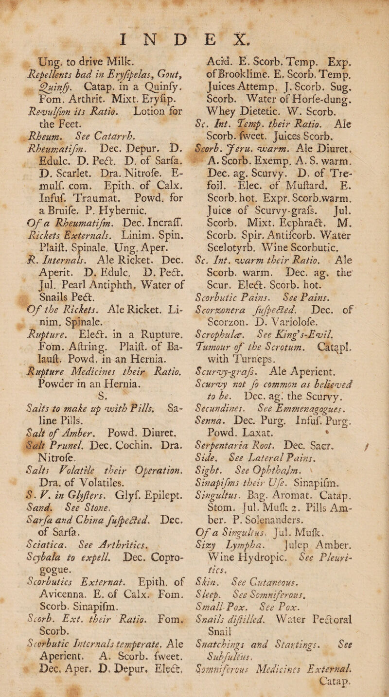 Ung. to drive Milk. Repellents bad in Eryfipelas, Gout, Quinfy. Catap. in a Quinfy. Fom. Arthrit. Mixt. Eryfip. Revulfion its Ratio. Lotion for the Feet. Rheum. See Catarrh. Rheumatifm. Dec. Depur. D. Edulc. D. Pedt. D. of Sarfa. D. Scarlet. Dra. Nitrofe. E- mulf. com. Epith. of Calx. Infuf. Traumat. Powd. for a Bruife. P. Hybernic. Of a Rheumatifm. Dec. IncraflT. Rickets Externals. Linim. Spin. Plaift. Spinale. Ung. Aper. R. Internals. Ale Ricket. Dec. Aperit. D. Edulc. D. Pedt. Jul. Pearl Antiphth. Water of Snails Pedt. Of the Pickets. Ale Ricket. Li¬ nim. Spinale. Rupture. Eledt. in a Rupture. Fom. Aftring. Plaift. of Ba- lauft. Powd. in an Hernia. Rupture Medicines their Ratio. Powder in an Hernia. S. Salts to make up with Pills. Sa¬ line Pills. Salt of Amber. Powd. Diuret. Salt Prunel. Dec. Cochin. Dra. Nitrofe. Salts Volatile their Operation. Dra. of Volatiles. S. V. in Glyfers. Glyf. Epilept. Sand. See Stone. Sarfa and China fufpeffed. Dec. of Sarfa. Sciatica. See Arthritics. Scybala to expell. Dec. Copfo- ^ gogue. Scorbutics Externat. Epith. of Avicenna. E. of Calx. Fom. Scorb. Sinapifm. Scorb. Ext. their Ratio. Fom. Scorb. Scorbutic Internals temperate. Ale Aperient. A. Scorb. fweet. Dec. Aper. D* Depur, Eledfc, Acid. E. Scorb. Temp. Exp. ofBrooklime. E. Scorb. Temp, Juices Attemp. J. Scorb. Sug, Scorb. Water of Horfe-dung. Whey Dietetic. W. Scorb. Sc. Int. Temp, their Ratio. Ale Scorb. fweet. Juices Scorb. Scorb. Jeru. warm. Ale Diuret. A. Scorb. Exemp. A. S. warm, Dec. ag. Scurvy. D. of Tre¬ foil. Elec, of Muftard. E. Scorb. hot. Expr. Scorb.warm. Juice of Scurvy-grafs. Jul. Scorb. Mixt. Ecphradt. M. Scorb. Spir. Antifcorb. Water Scelotyrb. Wine Scorbutic. Sc. Int. warm their Ratio. Ale Scorb. warm. Dec. ag. the Scur. Eledt. Scorb. hot. Scorbutic Pains. See Pains. Scorzonera fufpe&ed. Dec. of Scorzon. D. Variolofe. Scrophulee. See King's-Evil. Rumour of the Scrotum. Catapl. with Turneps. Scurvy-grafs. Ale Aperient. Scurvy not fo common as believed to be. Dec. ag. the Scurvy. Secundines. See Emmenagogues. Senna. Dec. Purg. Infuf. Purg, Powd. Laxat. *- Serpent aria Root. Dec, Sac?. / Side. See Lateral Pains. Sight. See Ophthajm. ' Sinapifms their life. Sinapifm. Singultus. Bag. Aromat. Catap. Stom. Jul. Mufk 2. Pills Am¬ ber. P. Solenanders. Of a Singultus. Jul. Mufk. Sizy Lymph a. Julep Amber. Wine Hydropic. See Pleuni¬ ties. Skin. See Cutaneous. See Somniferous. Small Pox. See Pox. Snails difilled. Water Pectoral Snail Snatchings and Startings. See Subfult us. Somniferous Medicines External. Catap,