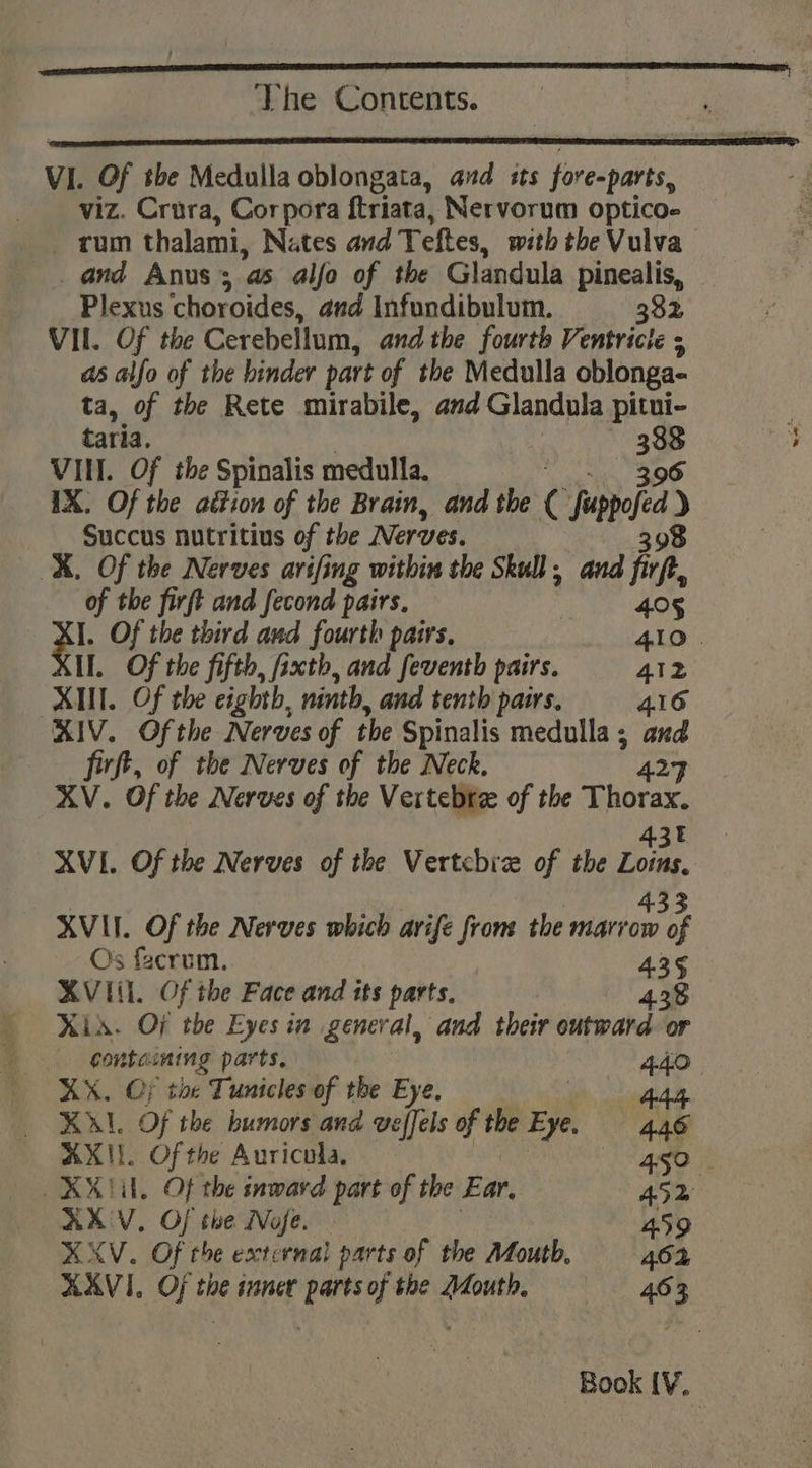 VI. Of the Medulla oblongata, and sts fore-parts, viz. Crura, Corpora ftriata, Nervorum optico- rum thalami, Nates and Teftes, with the Vulva and Anus; as alfo of the Glandula pinealis, Plexus choroides, and infundibulum. 332 VII. Of the Cerebellum, and the fourth Ventrict . as alfo of the hinder part of the Medulla oblonga- ta, of the Rete mirabile, and Glandola pitui- taria. x VIE. Of the Spinalis medulla. IX. Of the aétion of the Brain, and the ¢ upped) Succus nutritius of the Nerves. 398 X. Of the Nerves avifing within the Skull, and jp, of the firft and fecond pairs. 405 #1, Of Of the third and fourth pairs. 410. II. Of the fifth, fixth, and feventh pairs. 412 XIII. Of the eighth, ninth, and tenth pairs. 416 KIV. Ofthe Nerves of the Spinalis medulla ; a” firft, of the Nerves of the Neck. XV. Of the Nerves of the Vertebree of the Thoras. 43 XVI. Of the Nerves of the Vertcbiz of the Loins, | | 433 XVII. Of the Nerves which arife from the marrow of Os facrum | 435 XVI. OF the Face and its parts, 438 Kis. Of the Eyes in general, and their inipaa or a 5m ming parts, 4.4.0 XX. Of toe Tuntcles of the Eye. Bag KA. Of the humors and veffels of the Eye. 4.46 BX. Of the Auricola, 450 | XXL. Of the inward part of the Ear, ASR AAV, Of the Nose. 459 XXV. Of the external parts of the Mouth. 402 XXVI, O Of the imner ade of the Mouth, 463 Book [V, |