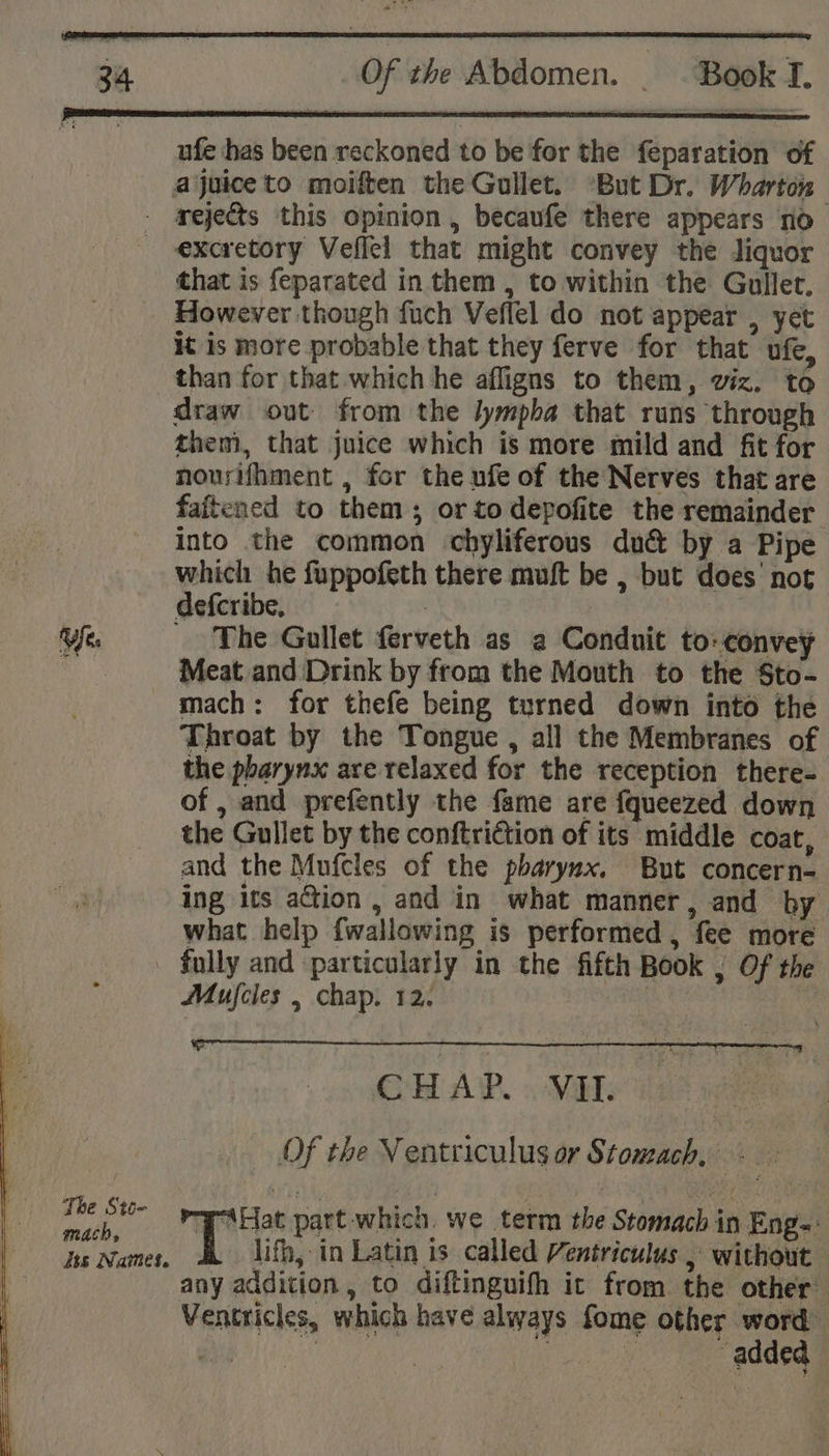 ufe has been reckoned to be for the feparation of ajuice to moiften the Gullet. ‘But Dr. Wharton Wes excretory Veflel that might convey the Jiquor that is {eparated in them , to within the Gullet. However though fuch Veflel do not appear , yet it is more probable that they ferve for that ufe, than for that which he afligns to them, wiz. to draw out from the lympbha that runs through them, that juice which is more mild and fit for nourifhment , for the ufe of the Nerves that are faftened to them; orto depofite the remainder into the common chyliferous du&amp; by a Pipe which he fuppofeth there muft be , but does’ not defcribe, | The Gullet ferveth as a Conduit to: convey Meat and Drink by from the Mouth to the Sto- mach: for thefe being turned down into the Throat by the Tongue , all the Membranes of the pharynx are relaxed for the reception there- of , and prefently the fame are fqueezed down the Gullet by the conftriction of its middle coat, and the Mufcles of the pharynx. But concern- ing its ation , and in what manner, and by what help {wallowing is performed, fee more The Stc- mach, dts Names. Mufcles , chap. 12. CHAP. VIL Of the Ventriculus or Stomach, - . : aHat part which. we term the Stomach in Eng-: lifh, in Latin is called Ventriculus , without any addition, to diftinguifh it from the other Ventricles, which have always fome other word RT abe . ¥ added