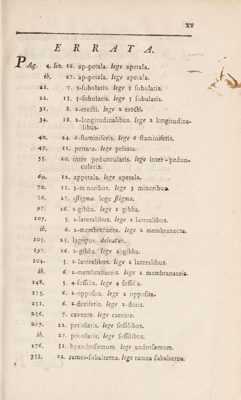 errata. Ag. 4. lin. 16. ap-petala. /fge apetala. ib. 17. ap-petala. /^g-c apetala. 41. 7. 5*fubulatis. lege 5 fubulatis. U. 13. f-fubulacis. /ege 5 fubulatis. 3f. 8. i-erefli. /ege 1 erefli. 34- 18. z-longitudinalibus. /ege 2 longitudina¬ libus. 4°. 2-4* ^-flammiferis. lege 6 flammiferis. • 47. 21. pettara. peltata. 5T- 2.0. inter peduncularis. /*g* inter - pedun¬ cularis. ^o. 12.. appetala. lege apetala. 70. 11. 3-m'noribus. lege 3 minoribus. 16. 27. cftigma. lege fligma. 91. 2.6. i-gibba. lege 1 gibba. io 7. 5- i-lateralibus. lege 2 lateralibus. ib. 6. i-membranacea. lege z membranacea. 205. 15. lagopus. deleatur. 2^7. 26. 2-gibba. lege 2 gibba. 104. 5- 2-lateralibu-s. /ege 2 lateralibus. ib. &lt;&gt;• 2-membranaceis, /^gc 2 membranaceis. 14?. 5. 4-feffilia. /ege 4 feffifa. 173. 6. 2-oppofua. lege 2 oppofita. Mi. 6. 2-fioriferis. lege 2-floris. 7. cavente, lege carente. 267. 22. pet’olatis, lege feffilibus. ib. 27. pet olatis, lege feffilibus. 176. 3i. hyanirofemum. lege androfaemum. 3M. ri. ramea-fubaxterna. lege ramea fubalterna,