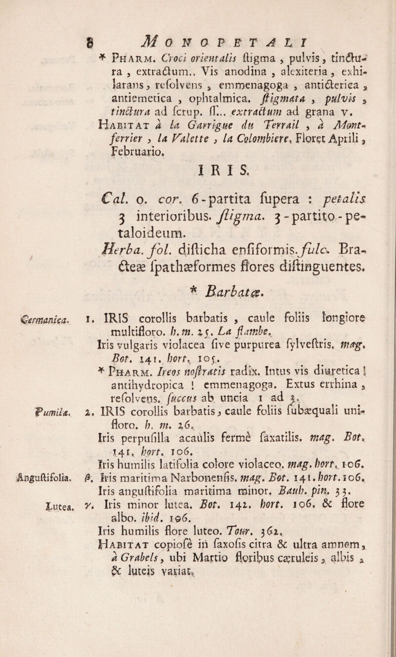 * Pharm. Croci orientalis digma , pulvis, tin<dtf- ra , extradlum.. Vis anodina , alexiteria , exhi¬ larans , rekdvens , emmenagoga , anti&amp;eriea 3 antiemetica , ophtalmica. ftigmata y pulvis 5 tinctura ad fcrup. (T... extrahum ad grana y. Habitat a la Gar rigue du Terrail , a Mmu ferrier , la Falette , la Colombiere* Floret Aprili, Februario. IRIS» Cal. o. cor, 6-partita fupera : petalis 3 interioribus, jligma. 3 - partito - pe*- taloideum. Herba, fol. difticha enfiforrms.jiilc* Era¬ des fpathseformes flores diftmguentes. *■ Barbatge. 'Germanica.. 1. IRIS corollis barbatis , caule Foliis longiore multifloro. h.m. ij. La fiatr.be. Iris vulgaris violacea flve purpurea fylveftris. mag. Bot. 141 ybortK 105,. * Pharm. Ircos nofiratis radix. Intus vis diuretica | antihydropica ! emmenagoga. Extus errhina , refolvens. fucetis ab uncia 1 ad p 'fumiia. z. IRIS corollis barbatis 3 caule foliis fubsequali uni- floro, h. m. 16 0. Iris perpufilla acaulis ferme faxatilis. mag. Bot.. 141, hort. xo6. Iris humilis latifolia colore violaceo, mag. hort\ 106. Angudifolia. fi, Iris maritima Narbonenfis, mag. Bot. 141. hort. 106. Iris anguftifoiia maritima minor. Bauh. pin. 33. Lutea. ^ Iris minor lutea. Bot. 141. hort. 106. &amp; flore albo, ibid. iq6. Iris humilis flore luteo. Tom. 361. Habitat copiofe in faxofis citra &amp; ultra amnem x aGrabels, ubi Martio floribus c^ruleis * albis * $c luteis variato