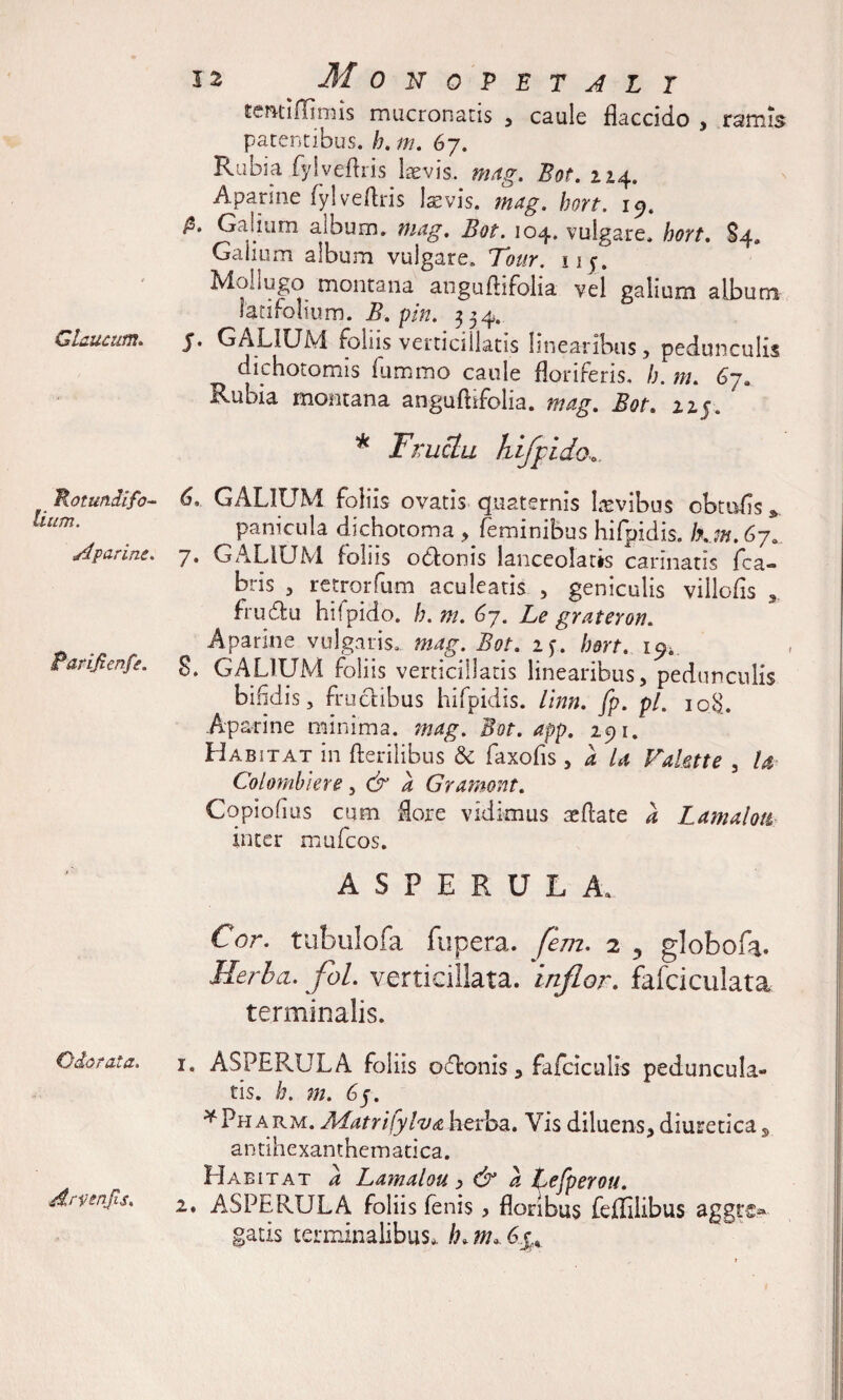 Glaucum. Rotundi fo¬ lium. A'parim. Parificnfe. Odorata, Arvmjis. i2 Monopetalt temiffimis mucronatis , caule flaccido 5 ramis patentibus, h. m. 67. Rubia fylveftris laevis., mag. Bot. 224. Aparine fylveftris Is vis. mag. hort. 19. 0, Galmm album, mag, Bot. 104. vulgare, hort. 84. Gaiium album vulgare. Tour. Moiiugo montana anguftifolia vel gaiium album latifolium. B. pin. 334. J. GALIUM foliis verticillatis linearibus, pedunculis dichotomis fummo caule floriferis, h. m. 6ya Rubia montana anguftifolia. mag. Bot. 225. * Fructu kijpidoo. 6. GALIUM foliis ovatis quaternis laevibus obtuiis». panicula dichotoma , feminibus hifpidis. h.m. 67. 7. G ALIUM foliis odonis lanceolatis carinatis fca- bris 3 retrorfum aculeatis , geniculis villofis frudu hiipido. h.m. <o~j. Le grateron. Aparine vulgaris, mag. Bot. 2f. hort. 19* 8. GALIUM foliis verticillatis linearibus, pedunculis bifidis, frudibus hifpidis. linn. fp. pl. 108.. Aparine minima, mag. Bot. app. 291. Habitat in Herilibus &amp; faxofis , a U Val&amp;tte 3 U Colombiere , &amp; a Gramont. Copiofius cum flore vidimus sedate a Lamalott inter mufcos. A S P E R U L A, Cor. tubulofa fupera. fem. 2 5 globofa. Herba, fol. verticillata. inflor. fafciculata terminalis. r. ASPERULA foliis odonis, fafciculis peduncula¬ ris. h. m. 6j. ^Pharm. Afatrifylva herba. Vis diluens, diuretica s antihexanthematica. Haeitat a Lamalou > &amp; a tefperou. 1* ASPERULA foliis fenis, floribus feflilibus aggr&amp;* gatis terminalibus,, h. m*