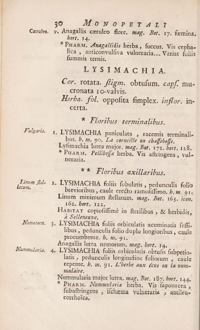 Cxrulea, Fulgaris* Linum jld- iatum. Nemorum, Nummularia. 30 Monopetali y. Anagallis csruleo flore, mag. Bot. 17. femina. bort. 14. * Pharm. Anugallidh herba, fuccus. Vis cepha¬ lica , anticonvulfiva vulneraria,... Variat foliis fummis cernis. LYSIMACHIA. Cor. rotata. Jligm. obtufum. capf. mu- cronata 10-valvis. Herba, jhl. oppofita fimplex. inflor. in¬ certa. * Floribus terminalibus. 1. LYSIMACHIA paniculata , racemis terminali-4' bus. h. m. 5)0. La cornellle ou cbajfebojfe. Lyfimachia lutea major. ifcr. 172. bort. 128» ^ 1 HARM, Peltibojfa heroa. Vis aftnngens y vul¬ neraria. * * Floribus axillaribus. 2. LYSIMACHIA foliis fubulatis 5 pedunculis folio brevioribus , caule eredfco ramofillimo. /;. m. 91, Linum minimum ftellatum. 163. 162. bort. 122. Habitat co pio (i ili me in herilibus &gt; &amp; herbidis^ a Seileneuve. 3. LYSIMACHIA foliis orbiculatis acuminatis feffi- libus , pedunculis folio duplo longioribus , caule procumbente, b. ;//. 91. Anagallis lutea nemorum, mag. bort. 14. 4. LYSIMACHIA foliis orbiculatis obtufis fubpetio- latis ^ pedunculis longitudine foliorum 3 caule repente, b. m. 91. Nherbe aux ecus ou la nutu- mulaire. Nummularia major lutea, mag. Bot. 187. bort. 144, * Pharm. Nummularia herba. Vis iaponacea D fubaftringens 5 ifch^ma vulneraria , anulen- corrhoica.