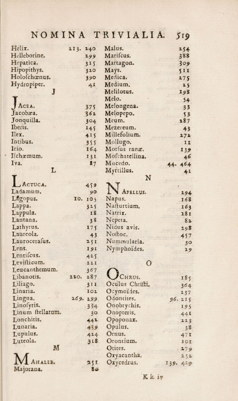 Helix. 213. 240 Malus. Helleborine. 2 99 Marifcus. 388 Hepatica. Martagon. 309 Hipopithys. 320 Mays. 511 Holofchoenus. 390 Medica. X7?: Hydropiper. 41 Medium. 25 j Melilotus. 198 T Melo. 54 J Acea. 37? Melongena. 33 Jacobara. 361 Melopepo. 53 Jonquilla. 304 Meum. 187 Iberis. 14? Mezereum. 43 Ilex. 4i? Millefolium. 272 Intibus. 35? Mollugo. 11 Irio. 164 Morfus rana?. 139 Ifchxmum. 131 Mofchatcllina. 46 Iya. *7 Mucedo. 44. 464 L Myrdllus. 4* Lactuca. 459 N \T r Ladatrmm. 90 IN Apellus. 294 L^gopus. io. 103 Napus. I<58 Lappa. 31? Nafturtium. 163 Lappula. iS Natrix. 181 Lantana. 38 Nepeta. 82 Lathyrus. 17? Nidus avis. 298 Laureola. 43 Noftoc. 457 Laurocerafus. 231 Nummularia. 30 Lens. 191 Nymphoides. 29 Lentifcus. 4i5 Levifticum. 221 0 Leucantheraum. 367 Libanotis. 210. 287 vy Chrus. i8y Liliago. 311 Oculus Chrifti. 364 Linaria. 102 Ocymoides. 237 Lingua. 2(5?. 299 Odontites. 96. 21 c Linofyris. 334 Onobrychis. 195 Linum ftellatum. 30 Onopteris. 441 Lonchitis. 44 r Opoponar. 223 Lunaria. 439 Opulus. 38 Lupulus. 424 Ornus. 47i Luteola. 318 Orontium. IOI M Otites. 27 9 A/f Oxyacantha. 252 1V1 Ahaleb. Oxycedrus. 159. 4'9 Majorana, 8d K k- i?