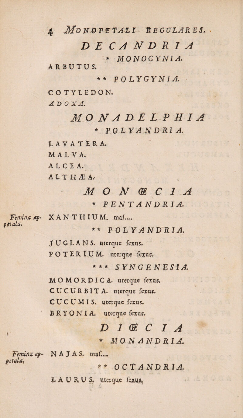 DE C A N D R I A * M0N0GYN1A. ARBUTUS. * * F 0 LYGYN1A, • COTYLEDON. A D 0 XX» MONA DEL PHI A * POLYANDRIA. LAVATERA. M A L Y A. A L C E A. A L T H £ A.' M O N (E C 1 A * PENT ANDRIA. Femina tp- XANTHIUM. maf.... ite ala» ** POLYANDRIA. JUGLANS, uterque fexus. POTERIUM. uterque fexus. *** SYN GENES IA, MOMORDICA. uterque ferus. CUCURBITA, uterque fexus. CUCUMIS, uterque fexus. BRYONIA, uterque fexus. d 7 m c i A * MON ANDRIA. Femina a$- petala* N A J A S, maf.... ** OCT ANDRIA, i A U R U S, uterque fexus.