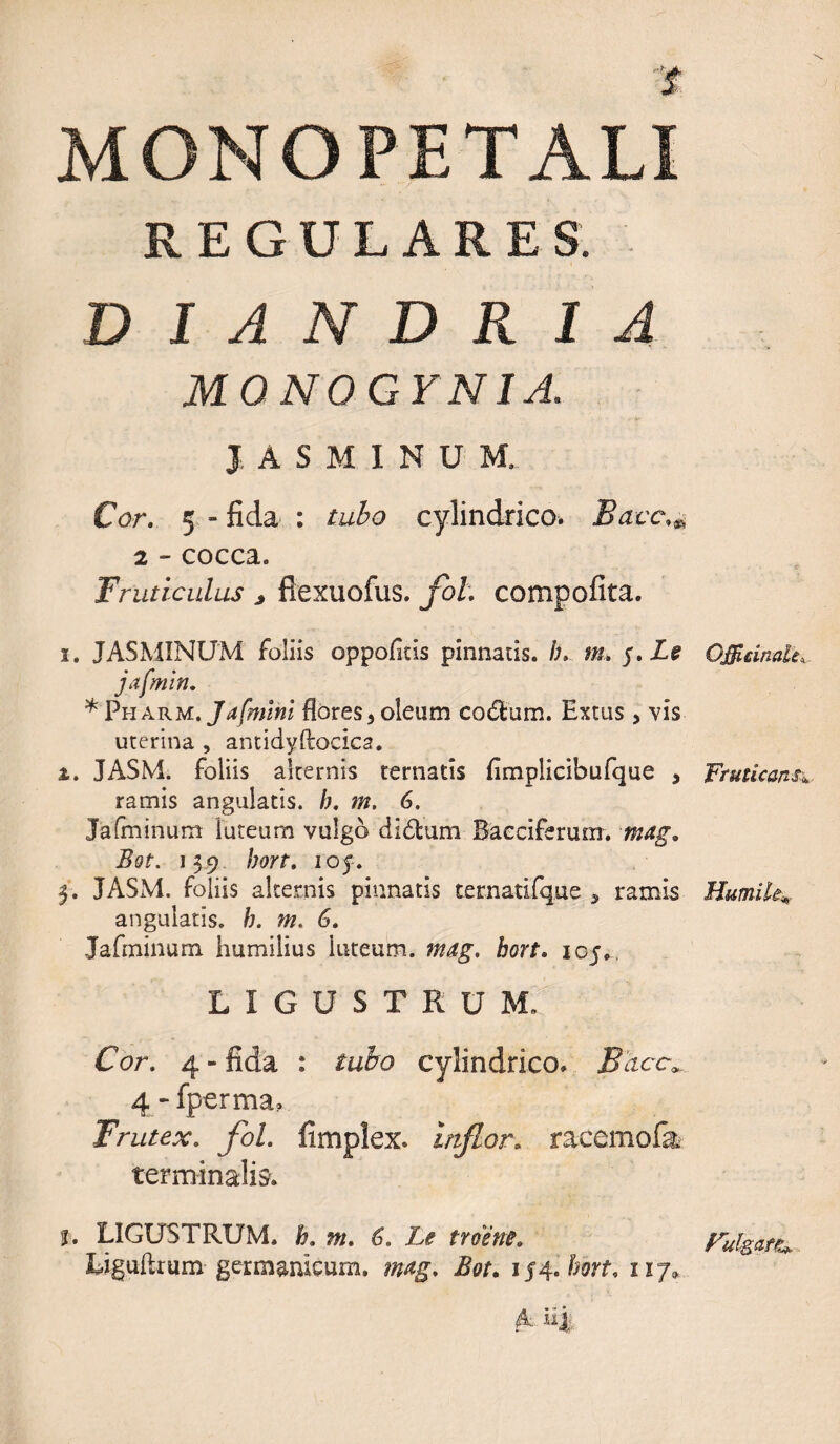 REGULARES. DIANDRIA MONOGYNIA. JASMINUM, Cor. 5 - fida : tubo cylindrico. Bavc 2 - cocca. Fruticulus j fiexuofus. fbl: compofita. i. JASMINUM foliis oppoflds pinnatis, b. m. jafmin. * Pharm, Jafmlni flores,oleum codfcum. Extus, vis uterina , antidyftocica. i. JASM. foliis alternis tertiatis fimplicibufque , ramis angulatis, h. m. 6, Ja (minum luteum vulgo dldtum Raeciferutn. mag. Bot. 139 hort. 105. 3. JASM. foliis alternis pinnatis ternatifque , ramis angulatis, b. m. 6. Jafminum humilius luteum, mag. hort. 105,, LIGUSTRUM. Cor. 4 - fida : tubo cylindrico. Bacc. 4 - fperma» Frutex. fbl. terminalis. fimplex. inflor, raccmofa Oj&amp;cinaUx Fruticans* HumiU* t. LIGUSTRUM. 6. 6. Le troene. Fulgat^ Liguftnim- germ&amp;meum. mag. Bot. i$$.bort. 1x7»