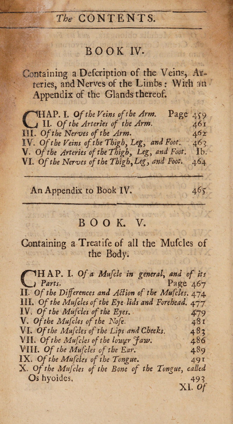 BOOK IV. Containing a Defcription of the Vein?, Ar¬ teries, and Nerves of the Limbs: With an Appendix of the Glands thereof. CHAP. I. Of the Veins of the Arm. Page 4^9 II. Of the Arteries of the Arm. 461 III. Of the Nerves of the Arm* 4 61 IV. Of the Veins of the Thigh, Leg, and Foot. 4 63 V. Of the Arteries of the Thigh, Leg, and Foot. Ib, VI. Of the Nerves of the Thigh, Leg, and Foot. 464 An Appendix to Book IV. BOOK. V. Containing a Treatife of all the Mufcles of the Body. Cl HAP. I. Of a Mufcle in general, and of its i Parts. Page 467 II. Of the Differences and Attion of the Mufcles. 474 III. Of the Mufcles of the Eye lids and Forehead. IV. Of the Mufcles of the Eyes. 479 V. Of the Mufcles of the Nofe. 481 VI. Of the Mufcles of the Lip and Cheeks. 485 VII. Of the Mufcles of the lowgr Jaw. 486 VIII. Of the Mufcles of the Ear. 489 IX. Of the Mufcles of the Tongue. 491 X. Of the Mufcles of the Bone of the Tongue, called Os hyoides, 495 XL Of