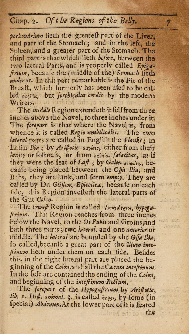 pochondrium lieth the greateft part of the Liver* and part of the Stomach ; and in the left* the Spleen* and a greater part of the Stomach. The third part is that which lieth before, between the two lateral Parts, and is properly called Epiga- firium, becaufe the (middle of the) Stomach lieth under it, In this part remarkable is the Pit of the Breaft, which formerly has been ufed to be cal¬ led fcotfJVo&j but fcrobicttlus cordis by the modern Writers. The middle Region extendeth itfelffrom three inches above the Navel, to three inches under it. The forepart is that where the Navel is, from whence it is called Regio umbilicalis. The two lateral parts are called in Englifti the Flanks; in Latin Ilia $ by Arifiotle *ct7&W, either from their laxity or foftnefs, or from falacitass as if they were the feat of Lufi ; by Galen be* caufe being placed between the OJfa Ilia, and Ribs, they are lank, and feem empty. They are called by Dr. Glifion3 Epicolicte, becaufe on each fide, this Region invefteth the lateral parts of the Gut Colon. The loivefi Region is called hypoga* fir turn. This Region reaches from three inches below the Navel, to the Os Pubis and Groins,and hath three parts; two lateraly and one anterior or middle. The lateral are bounded by the OJfaIlia3 fo called,becaufe a great part of the Ilium inte- fiinum lieth under them on each fide. Befides this, in the right lateral part are placed the be¬ ginning of the Colon^and all the Ctecum intefiinum, In the left are contained the ending of the Colon 9 and beginning of the inteflinum Return. The forepart of the Hypogaftrium by Arifiotle, lib. 1. Hifi. animal. 3. is called by fome (in fpecial) Abdomen,At the lower part of it is feared the