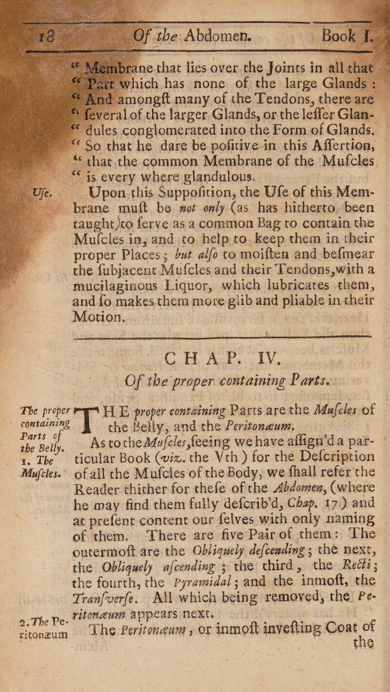 6C Membrane that lies over the Joints in all that a Part which has none of the large Glands : And amongft many of the Tendons, there are u feveral of the larger Glands, or the ieffer Gian- <c dules conglomerated into the Form of Glands. Cf So that he dare be pofirive in this Affertion, u that the common Membrane of the Mufcles €C is every where glandulous. Ufe. Upon this Suppofition, the Ufe of this Mem¬ brane muft be not only (as has hitherto been taughtjto ferve as a common Bag to contain the Mufcles in, and to help to keep them in their proper Places; but alfo to moiften and befmear the fubjacent Mufcles and their Tendons,with a mucilaginous Liquor, which lubricates cherry and fo makes them more glib and pliable in their Motion. CHAP. IV. Of the proper containing Parts. The proper containing Tarts of the Belly. i. The Mufcles. TH E proper containing Parts are the Mufcles of the belly, and the Peritoneum. As to thcMufcks,feeing we have affign’da par¬ ticular Book (viz. the Vth ) for the Defcription of all the Mufcles of the Body, we fliall refer the Reader thither for thefe of the Abdomen, (where he may find them fully defcrib’d, Chap. 17.) and at prefent content our felves with only naming of them. There are five Pair of them : The outermoft are the Obliquely defending; the next, the Obliquely ajcending j the third, the Pebli^ the fourth, the pyramidal • and the inmoft, the Tranfverfe. All whiclt being removed, the P*- t* p ritoneum appears next. ritonaeum The Peritoneum, or inmoft inverting Coat of tho