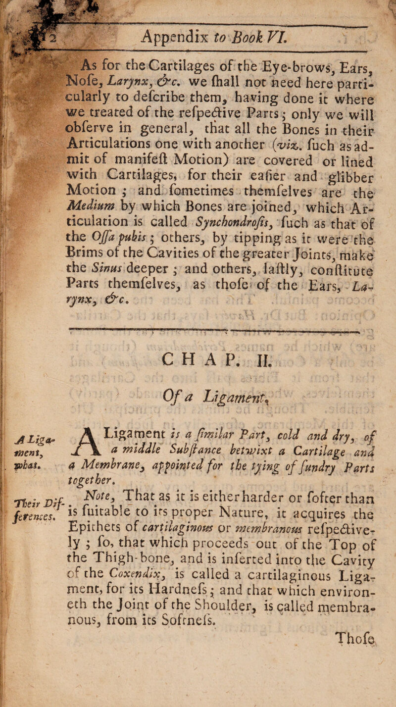 As for the Cartilages of the Eye-brows, Ears, Nofe, Larynx, &c. we (hall not need here parti¬ cularly to defcribe them, having done it where we treated of the refpe&ive Parts; only we will obferve in general, that all the Bones in their Articulations one with another (viz. fuch as ad¬ mit of manifeft Motion) are covered or lined with Cartilages, for their eafier and glibber Motion ; and fometimes thernfelves are the Medium by which Bones are joined, which Ar¬ ticulation is called Synchondrofis, {\uch as that of the OJfa pubis; others, by tipping as it were the Brims of the Cavities of the greater Joints, make the Sinus deeper ; and others, laftly, conftitute Parts thernfelves, as thole of the Ears, La~ rynxy &c. C H A P. II. Of a Ligament^ A Liga tnent, Tpbat. A Ligament ts a ftmilar Part, cold and dry, of a middle Sub [lance betwixt a Cartilage and a Membrane, appointed for the tying of fun dry Parts together. Their sif- Note’ 35 is either harder or fofter than feremes. is Suitable to its proper Nature, it acquires the Epithets of cartilaginous or membranous I'C 1 pcctive- ly ; fo, that which proceeds out of the Top of the Thigh-bone, and is inferred into the Cavity of the Coxendix, is called a cartilaginous Liga¬ ment, for its Hardnefsj and that which environ- eth che Joint of the Shoulder, is called membra, nous, from ics Softneis. Thofe