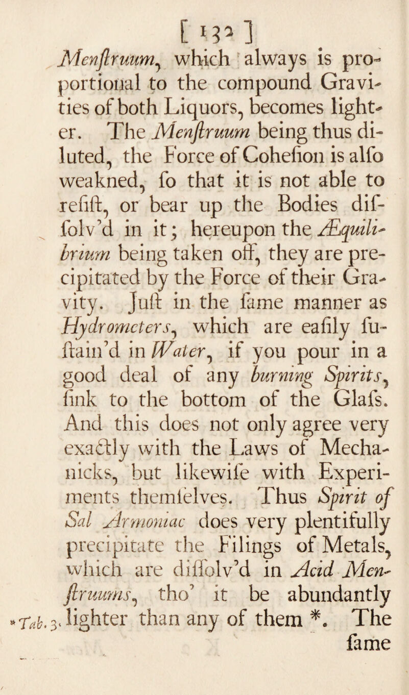 [l^l Menfiruum, which always is pro¬ portional to the compound Gravi¬ ties of both Liquors, becomes light¬ er. The Menfiruum being thus di¬ luted, the Force of Cohefion is alfo weakned, fo that it is not able to refill:, or bear up the Bodies dif- lbl v cl in it ; hereupon the /Equili' brium being taken off, they are pre¬ cipitated by the Force of their Gra¬ vity. Juff in the fame manner as Hydrometers, which are eafily fu~ ftain’d in IVater, if you pour in a good deal of any burning Spirits, fink to the bottom of the Glafs. And this does not only agree very exactly with the Laws of Mecha- nicks, but likewife with Experi¬ ments themielves. Thus Spirit of Sal Armoniac does very plentifully precipitate the Filings of Metals, which are dilioi v’d in Acid Men- firuums, tho’ it be abundantly 3. lighter than any of them *. The fame