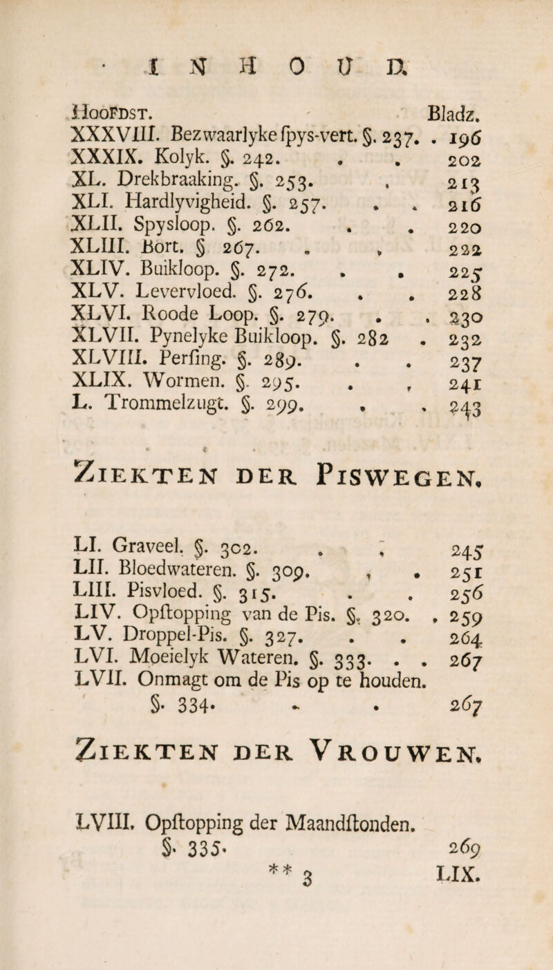 HooFdst. - Bladz. XXXVIII. Bezwaar]ykefpys-vert. §. 237. . 196 XXXIX. Kolyk. §. 242. . . 202 XL. Drekbraaking. §. 253. . 213 XLI. Hardlyvigheid. §. 257. . 4 216 XLII. Spysloop. §. 262. . . 220 XLIII. Bort. § 267. . „ 22a XLIV. Buikloop. §. 272. . . 225 XLV. Levervloed. §.27(5. . . 228 XLVL Roode Loop. §. 279. . . 230 XLVII. Pynelyke Buikloop. §. 282 . 232 XLVIII. Ferfing. §. 289. . . 237 XLIX. Wormen. §. 295. . f 241 L. Trommelzugt. §. 299. , „ 2^3 Ziekten der Piswegen, LI. Graveel. 5. 302. . ; 245 LIL Bloedwateren. §. 309. , .251 L1IL Pisvloed. §.315. . . 256 LIV. Opflopping van de Pis. §. 320. , 259 LV. Droppel-Pis. §. 327. . . 264 LVI. Moeielyk Wateren. §. 333. . . 267 LVII. Onmagt om de Pis op te houden. §• 334* •* • 267 Ziekten der Vrouwen. LVIII. Opftopping der Maandftonden. §■ 335- ** 3 2 69 LIX.