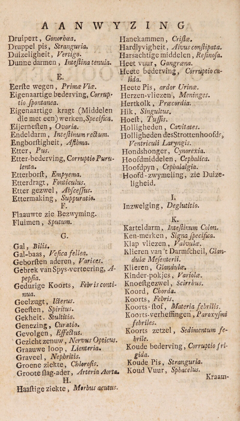 Di'uipert, Gonorbcea. Druppel pis, Stranguria. Duizeligheit, Vertigo. Dunne darmen, Inteftina tenuia. Eerfle wegen, Primce Vïce. Eigenaartige bederving, Corrup’ tio Jpontanea. Eigenaartige kragt (Middelen die met een) werken,Specifica. Eijerneften, Ovaria. Endeldarm, Inteftinum redt urn. Engborftigheit, Afthma* Etter, Pus. Etter-bederving, Corruptie Puru- lenta. Etterborft, Empyema. Etterdragt, Fonticulus. Etter gezwel, Abftcejjus. Ettermaking, Suppuratio. F. Flaauwte zie Bezwyming. Fluimen, Sputum. G. Gal, Bilis. Gal-baas, Fefica feliea. Geborften aderen, Variccs. Gebrek vanSpys-verteering, A- pepfia. Gedurige Koorts, Febrisconti- nua. Geelzugt, Itterus. Geeften, Spiritus. Gekheit. Stultitia. Genezing, Curatio. Gevolgen, Effeïïus. Gezicht zenuw, Nervus Opticus. Graauwe loop , Lienteria. Graveel, Nephritis. Groene ziekte, Chlorofis. Grooteflag-ader, Arteria Aorta. H. Haalt i ge ziekte, Morbus acutus. Hanekammen, Criftce. Hardlyvigheit, Alvusconftipata. Harsachtige middelen, Rejinofa. Heet vuur, Gangreena. Heete bederving, Corruptioca- lida. Heete Pis, ardor Urince. Herzen-vliezen, Meninges. Hertkolk s Prcecordia. Hik, Singuitus. Hoeft, TuJJis. Holligheden, Cavitaies. Holligheden desStrottenhoofds > Ventriculi Laryngis. Hondshonger, Cynorexia. Hoofdmiddelen, Cephalica. Hoofdpyn, Cephalalgia. Hoofd-zwymeiing, zie Duize- ligheid. I. Inzwelging, Deglutitio. K. Karteldarm, Inteftinum Colon* Ken-merken, Signa fpecifica. Klap vliezen, Falvulce. Klieren van’t Darmfcheil, Glatb dulce Mefenterii. Klieren, Glandu lev, Kinder-pokjes, Varioïce. Knoeftgezwel, Scirrbus. Koord, Chorda. Koorts, Febris, Koorts - ftof, Materia febrilis. Koorts-verheffingen, Paroxyfnu febriles. Koorts zetzel, Sedimentum fe- brile. Koude bederving, Corruptiofri- gida. Koude Pis, Stranguria. KoudVuur, Sphacehis. Kraam»