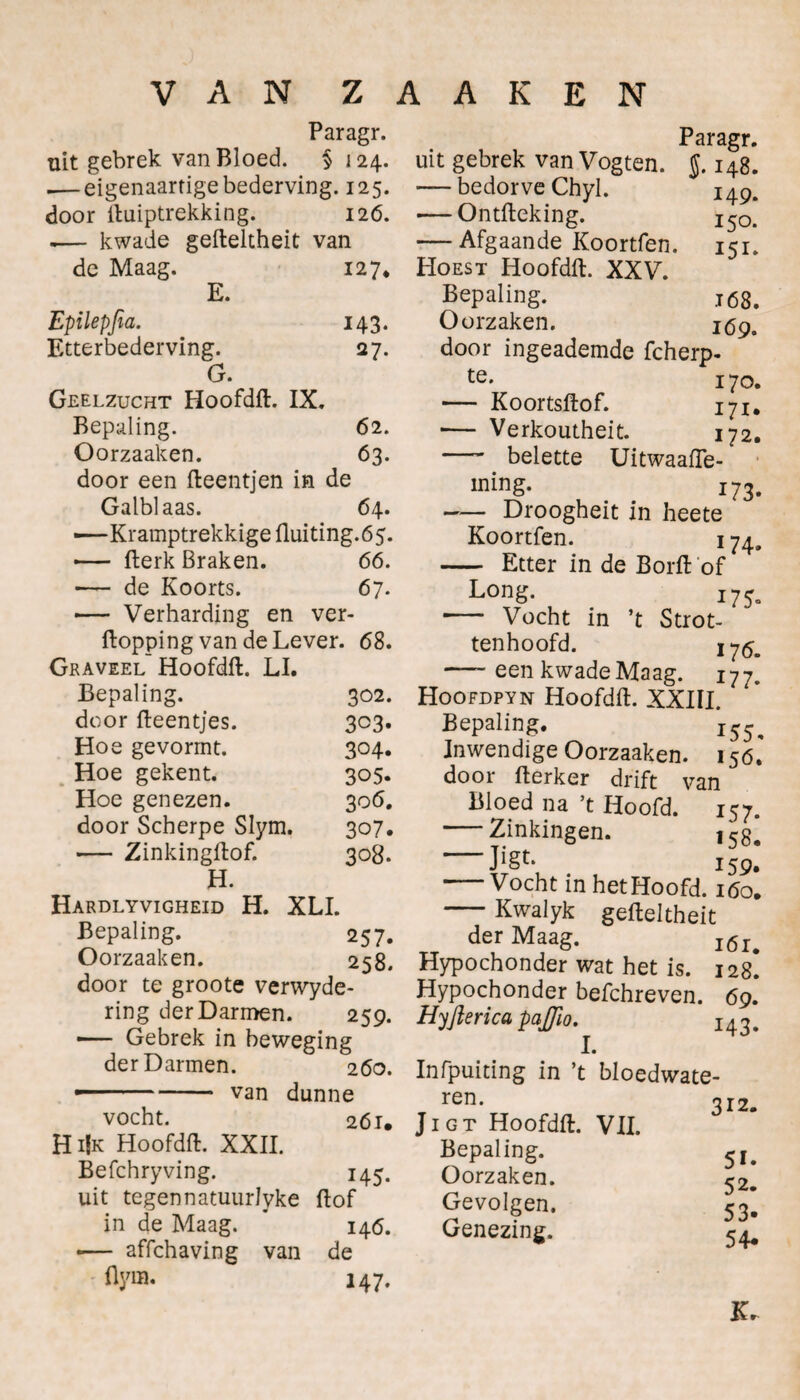 VAN ZAAKEN Paragr. uit gebrek van Bloed. § 124. .— eigenaartige bederving. 125. door ftuiptrekking. 126. -— kwade gefteltheit van de Maag. 127. E. Epilepfia. 143. Etterbederving. 27- G. Geelzucht Hoofdft. IX. Bepaling. 62. Oorzaaken. 63. door een fteentjen in de Galblaas. 64. ■—Kramptrekkige fluiting.65. — fterk Braken. 66. -— de Koorts. 67. — Verharding en ver- ftopping van de Lever. 68. Graveel Hoofdft. LI. Bepaling. 302. door fteentjes. 303- Hoe ge vormt. 304. Hoe gekent. 305. Hoe genezen. 3 o(5. door Scherpe Slym. 307. •— Zinkingftof. 308. H. Hardlyvigheid H. XLI. Bepaling. 257. Oorzaaken. 258. door te groote verwyde- ring der Darmen. 259. —— Gebrek in beweging der Darmen. 260. van dunne vocht. 261. Hi|k Hoofdft. XXII. Befchryving. 145- uit tegennatuurlyke ftof in de Maag. 146. •— affchaving van de flym. 147. 149. 150. 151* 168. 169. Paragr. uit gebrek van Vogten. J. 148. — bedorve Chyl. — Ontfteking. — Afgaande Koortfen. Hoest Hoofdft. XXV. Bepaling. Oorzaken. door ingeademde fcherp- te* 170. — Koortsftof. 171, ■— Verkoutheit. 172. - belette Uitwaafte- ming. 173. - Droogheit in heete Koortfen. 174. - Etter in de Borft of L°ng. 175» -- Vocht in ’t Strot¬ tenhoofd. 175. -een kwade Maag. 177. Hoofdpyn Hoofdft. XXIII. Bepaling. 155, Inwendige Oorzaaken. 156. door ft erker drift van Bloed na ’t Hoofd. 157. -Zinkingen. i5g. -Jigt- 159! -Vocht in hetHoofd. 160. -Kwalyk gefteltheit der Maag. l6l# Hypochonder wat het is. 128. Hypochonder befchreven. 69. Hyfterica pajfio. I43. Infpuiting in ’t bloedwate¬ ren. Jigt Hoofdft. VII. Bepaling. Oorzaken. Gevolgen. Genezing. 312. 51. 52. 53- 54*