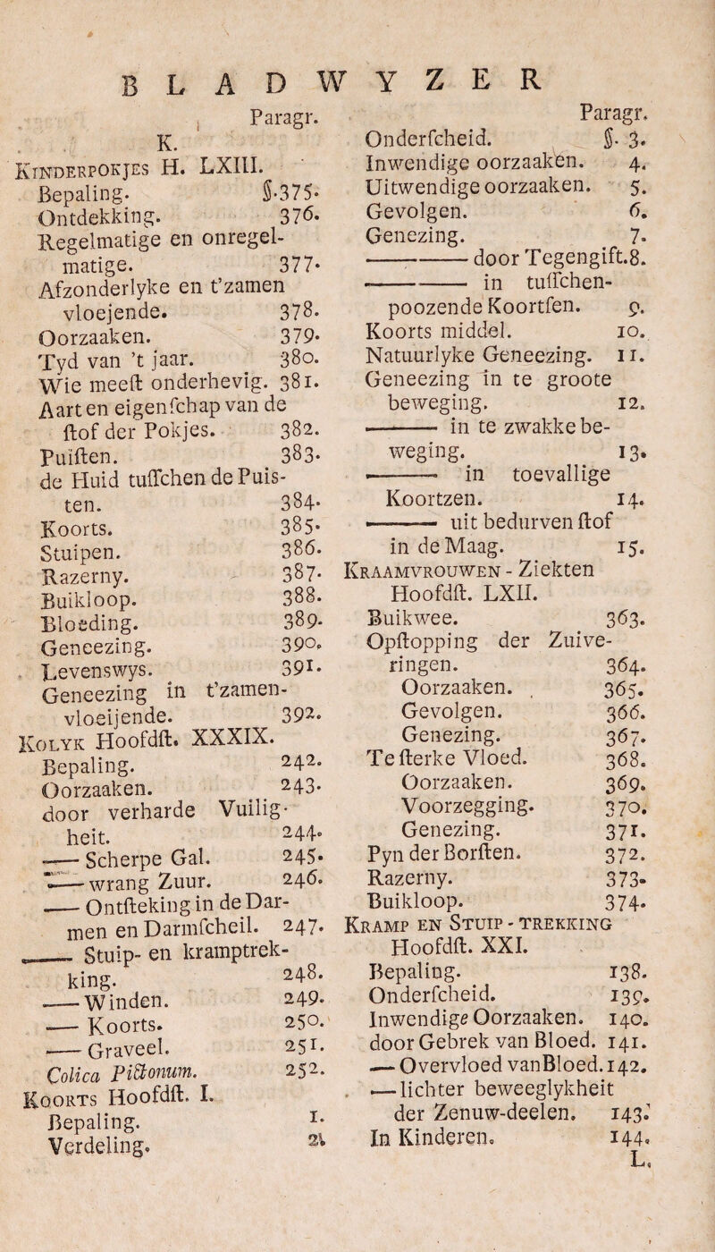 K. Paragr. Kinderpokjes H. LXIIL Bepaling* 5-375 Ontdekking. 376 Regelmatige en onregel¬ matige. 377 Afzonderlyke en t’zamen vloejende. 378 Oorzaak en. 379 Tyd van ’t jaar. . 380 Wie meed: onderhevig. 381 Aart en eigenfchap van de ftof der Pokjes. 382 Puiften. 383 de Huid tuffchen de Puis¬ ten. 384 Koorts. 385 Stuipen. 386 Razerny. 387 Buikloop. 388 Bloeding. 389 Geneezing. 39° Revenswys. ^ 391 Geneezing in t’zamen- vloeijende. 392. Kolyk Hoofdft. XXXIX. Bepaling. 242- Oorzaaken. _ _ 243* door verharde Vuilig- heit. 244° —— Scherpe Gal. 245. k—wrangZuur. 246. -Ontfteking in de Dar¬ men en Darmfcheil. 247. __. Stuip- en kramptrek¬ king. .— Winden. -— Koorts. *— Graveel. Colica Piiïonum. Koorts Hoofdft. I. Bepaling. Verdeling. 248. 249. 250. 251. 252. 1. 21 Paragr» Onderfcheid. 5- 3* Inwendige oorzaaken. 4. Uitwendige oorzaaken. 5. Gevolgen. 6. Genezing. 7- --door Tegengift.8. --- in tuflchen- poozende Koortfen. 9. Koorts middel. 10. Natuurlyke Geneezing. 11. Geneezing In te groote beweging. 12. -- in te zwakke be¬ weging. 13. •—-- in toevallige Koortzen. 14. --uit bedurven ftof in de Maag. 15. Kraamvrouwen - Ziekten Hoofdft. LXII. Buikwee. 363. Opftopping der Zuive¬ ringen. 364. Oorzaaken. . 365. Gevolgen. 366. Genezing. 367. Te fterke Vloed. 368. Oorzaaken. 369. Voorzegging. 370. Genezing. 371. PynderBorften. 372. Razerny. 373. Buikloop. 374. Kramp en Stuip - trekking Hoofdft. XXI. Bepaling. 138. Onderfcheid. 139. Inwendige Oorzaaken. 140. door Gebrek van Bloed. 141. — Overvloed vanBloed. 142. .— lichter beweeglykheit der Zenuw-deelen. 143J In Kinderen, 144» L.