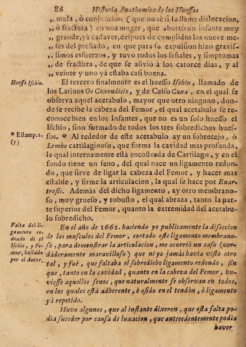 Ht/forla Anathémicadg los TTueffos ìfh frailara ) en unarouger, que aborta un- infante muy yy grande,yà cadáver,deípues de cumplidos ios nueve me- „ fes del preñado , en que para fu expulílon hizo gravif- ,, fimos esfuerzos , y tuvo todos ios fe Sales > y íímp tomas ,, de fractura > de que fe alivió à ios catorce días* y al veinte y uno yà eftabacafi buena. Huejfoifchio. El tercero finalmente es el hueffo Ifchio , llamado de los Latinos Os Coxendicis y y de Celio Coxa , en el qual fe ¿hierva aquel acetábulo , mayor que otro ninguno, don¬ de fe recibe la cabeza del Fe mor , el qual acetábulo fe re¬ conoce bien etilos Infantes * que no es un folo hueíTo ei Ifchio ? fina formada de todos los tres fobredichos. huef- * Eíhmp,2. fos# ^ Alrededor de elle acetábulo ay un fobrecejo , o ^ ) Lembo cartilaginofo, que forma la cavidad mas profunda> la quai internamente efta encoftrada de Cartílago > y en el fondo tiene un feno , del quai nace un ligamento redon¬ do , que firve de ligar la cabeza del Femar , y hacer mas eftable , y firme la articulación , la qual fe hace por Enar- trofisf Además del dicho ligamento , ay otro membrano- fo , muy gruefo , y robufto , el qual abraza , tanto la par¬ te fuperior del Femor , quanto la extremidad del acetábu¬ lo fobredichó. Falta del h- a%0 haciendo yo publicamente la difeccion ^dondo^de'd ^ los mufculos del Femor y cortado eft e ligamento me mhrano- J/chio y y Fe- fo 3 para demonfrar la articulación , me ocurrió un cafo (ver- mor, bailado laderamente maravillofo) que ni yo jamas h avi a vijlo otro fn el Autor, ^ * y fue , que faltaba el fobredicho ligamento redondo , fin que , tanto en la cavidad y quanto en la cabeza del Femor , hu- vie ¡fe aquellos fenos y que naturalmente fe obfervan en todosy en los quales ejld adherente, ò ajido en el tendón , ó ligamento yà repetido. Huvo algunos y que al inflante dixeron y que eflafalta po¿ dia fuceder por caufa de luxación }queantecedentemente podía haver
