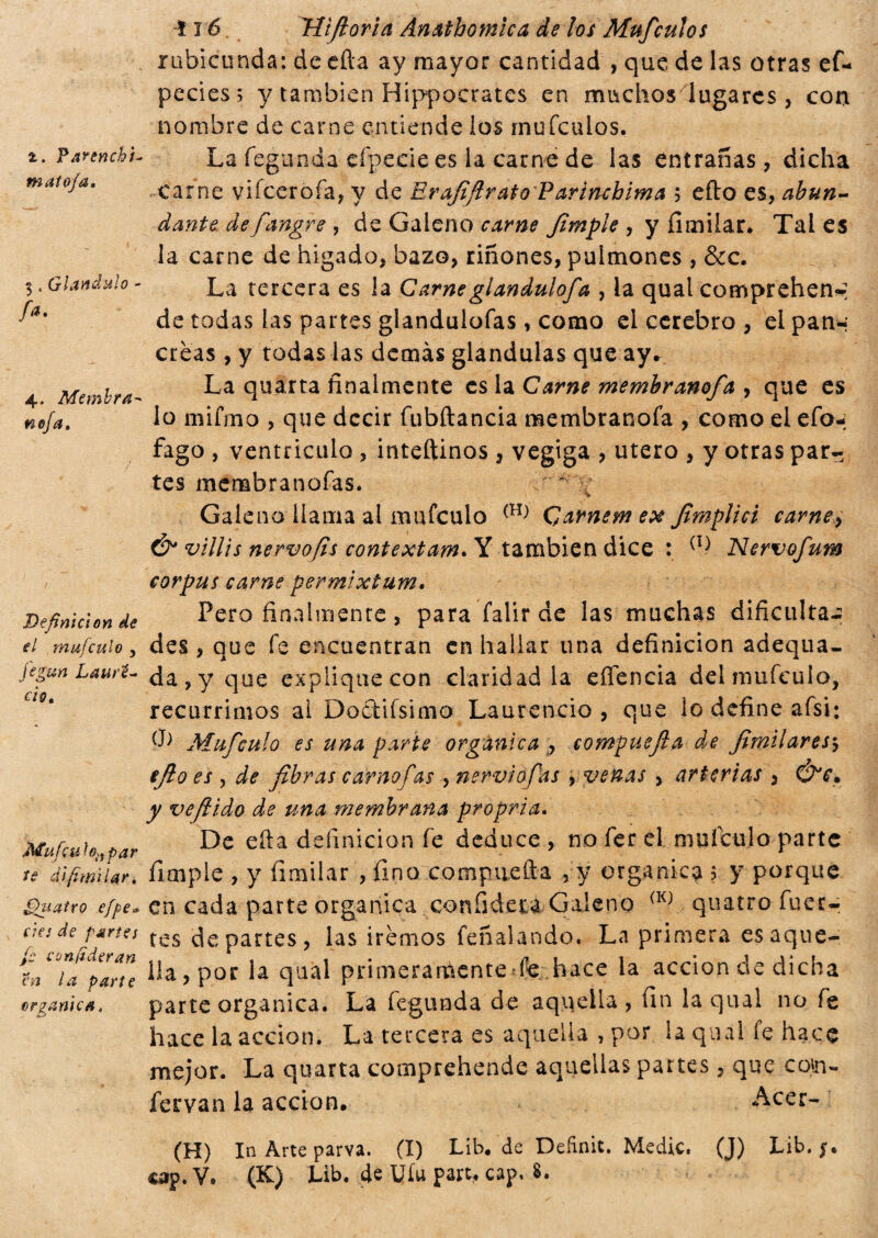 2. Tarencbt- matoja. 5. Gianduia fa. 4. Membra- neja. Definición de el mu¡culo , figuri Latiti ciò. Mu fcu hÌS par te difimilar, fihiatro efpe» r/f/ ¿/e partes fi can ad eran t‘n la parte organica. tr6. Hìjlorìa Anatbomica de los Mufculos rubiconda: de cita ay mayor cantidad , que de las otras ef- pecies; y también Hippocratcs en muchos lugares, con nombre de carne entiende los rnufeulos. La fegunda efpecie es la carne de las entrañas, dicha carne vifeeroía, y de Erafiflrato Parincbima 5 efto es, abun¬ dante'de fangre , de Galeno carne fimple , y íimilar. Tales la carne de hígado, bazo, riñones, pulmones , &c. La tercera es la Carneglandulof% , la qual comprehen^ de todas las partes glanduiofas, como el cerebro , el pan-* creas , y todas las demás glándulas que ay» La quarta finalmente es la Carne membranofa , que es lo mifrno , que decir fubftancia membranofa , como el efo-; fago , ventrículo , inteftinos, vegiga , utero , y otras par¬ tes menabranofas. ^ C Galeno llama al mufeulo (H) Qarnem ex fimplici carney & villis nervofis conte xtam* Y también dice : <T) Nervofum corpus carne permixtum. Pero finalmente, para falir de las muchas dificulta¬ des , que fe encuentran en hallar una definición adequa- da , y que explique con claridad la effencia del mufeulo, recurrimos ai Dócilísimo Laurencio , que io define afsi; fb Mufeulo es una fiarte orgánica , comfiuejia de Jimilares5 efio es , de fibras c amo fas , nervi ofas , venas , arterias , y vefiido de una membrana propria. De efta definición fe deduce , no fer el muí cu lo parte fimpie , y íimilar , fino complicità , y organica 5 y porque en cada parte organica confiderà Galeno (K} quatto fuer¬ tes departes, las iremos feñalando. La primera es aque¬ lla, por la qual primeramente fe hace la acción de dicha parte organica. La fegunda de aquella, fin la qual no fe hace la acción. La tercera es aquella , por la qual fe hace mejor. La quarta comprehende aquellas partes, que cotti- fervan la acción, Acer- (H) In Arte parva. (I) Líb. de Definit. Medie. (J) Lib. f.