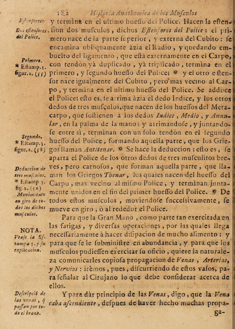 / E ¡levforzi? Des e fi enfi y es del Polke, Primero, * Eitamp.3. figur.ì. (>;) Segundo, * Eitamp. 3. figura. (f 8) Deducción de tres mu fulos, * Eítamp 3. Ég'Mií) /dovimi e ato en giro de to¬ dos los dichos muj culos, NOTA. Ve Aje la Efi lampa £ .y fu explicación. Deferitelo de las venas , q pajfan por to¬ do el hrax.o. i 3.2 Uijt o r i a An a i b o m te a d e lo s Mttfcni lo s y cenni na en el ultimo foueíío dei Pólice. Hacen la efterí- , ñon dos mu fe u los , dichos Efienjúres del Pólice ; ei pri¬ mero nace de la parte ídpenor , y externa del Cubito : fe encamina obliquamente àzia el Radio, y quedando em« bueito del ligamento , que eftá externamente en el Carpo, con tendón yá duplicado , ya triplicado , termina en el primero , y fegundo huello del Pobce; # y ei otro e ften- for nace igualmente del Cubito , pero mas vecino al Car¬ po , y termina en eí ultimo bacilo del Pólice. Se adduce el Pólice; tilo es, fe a rima àzia ei dedo Indice, y los otros dedos de tres rmifeu!os,qtie nacen dé los huellos del Meta¬ carpo , que íoftienen à ios dedos Indice , Medio , y Annu~ lar y en la palma de la mano; y arrimandofe , yjuntando- fe entres!, terminan con un íoio tendón en ei íegundo hueffo del Pólice , formando aquella parte , que los Gríe- gos llaman Antitenar. # Se hace la deducción ; efto es, fe aparta ei Pólice de ios otros dedos de tres mufculitos bre¬ ves, pero car no ios , que forman aquella parre , que lla¬ man Jos Griegos Tbenar 9 ios quaíes nacen*dd hueffo del Carpo , mas vecino ai miQno Pólice , y terminan junta¬ mente unidos en el fin del primer hueffo del Pólice. # De rodos eftos muículos , moviéndole fucceísivamente, fe mueve en giro , ò ai rededor ei Pólice. Para que la Gran Mano , como parte tan exercitadaen las fatigas, y diverfas operaciones , por lasquaies llega neceíftriatnéiTte à hacer diílpación de mucho alimento > y para que fe le fubminiftre en abundancia , y para que ios muículos pudieffen exercitar fu oficio , quiere la naturale¬ za comunicarles copiofa propagación de Venas , Arteriasy y Nervios : iremos , pues, diícurriendo de eftos vafos, pa¬ ra feñalar al Cirujano io que debe confiderai acerca de ellos. Y para dar principio de las Venas, digo , que ¡a Vena caía a/cendriente , defpues defeaver hecho muchas propa¬ ga-