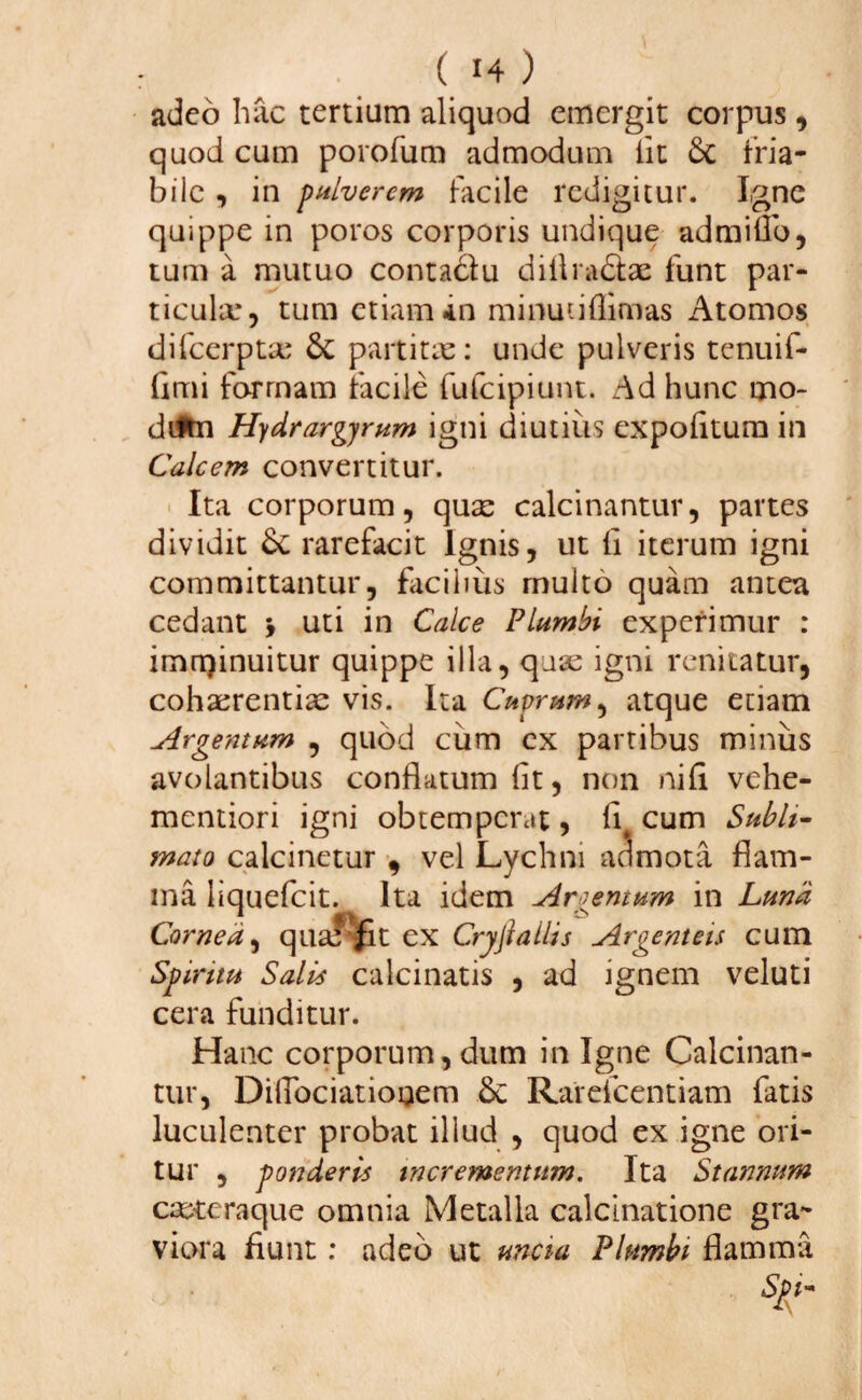 adeo hac tertium aliquod emergit corpus, quod cum porofum admodum lit fria¬ bile , in pulverem facile redigitur. Igne quippe in poros corporis undique admillb, tum a mutuo contaclu diilradtae funt par¬ ticula:, tum etiam in minuti Ili mas Atomos difeerpta: 6c partitae: unde pulveris tenuif- Cmi forrnam facile fufcipiunt. Ad hunc mo- diftn Hydrargyrum igni diutius expofitum in Calcem convertitur. Ita corporum, quae calcinantur, partes dividit Sc rarefacit Ignis, ut fi iterum igni committantur, facibus multo quam antea cedant \ uti in Calce Plumbi experimur : imnjinuitur quippe illa, quse igni renitatur, cohaerentiae vis. Ita Cuprum, atque etiam Argentum , quod cum cx partibus minus avolantibus conflatum lit, non nili vehe- mentiori igni obtemperat, fl cum Subli¬ mato caicinetur , vel Lychni admota flam¬ ma liquefcit. Ita idem Argentum in Luna Cornea, qua? fit ex Cryjlallis Argenteis cum Spiritu Salus calcinatis , ad ignem veluti cera funditur. Hanc corporum, dum in Igne Calcinan¬ tur, Diflbciatiouem & Rarefcentiam fatis luculenter probat illud , quod ex igne ori¬ tur , ponderis incrementum. Ita Stannum eseteraque omnia Metalla calculatione gra¬ viora fiunt: adeo ut uncia Plumbi flamma