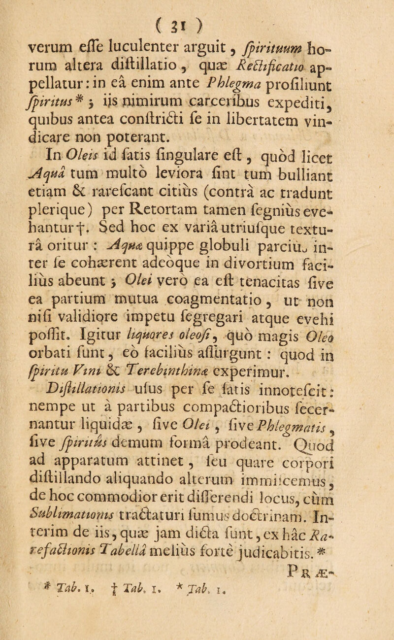 verum efle luculenter arguit , fbiritmm ho¬ rum altera diftillatio , quas Rettificatio ap¬ pellatur: in ea enim ante Phlegma profiliunt jpiritus*-, ijs nimirum carceribus expediti, quibus antea conftridi fe in libertatem vin¬ dicare non poterant. In Oleis id fatis lingulare eft , quod licet ^4 qua tum multo leviora lint tum bulliant etiam & rarefcant citius (contra ac tradunt plerique) per Retortam tamen fegnius eve¬ hantur t- Sed hoc ex varia utriulque textu¬ ra oritur : uiqua quippe globuli parciiia in¬ ter fe cohaerent adebque in divortium faci¬ lius abeunt Olei vero ea elt tenacitas live ea partium mutua coagmentatio, ut non nili validiore impetu fegregari atque evehi poffit. Igitur liquores oleofi, quo magis Oleo orbati funt , eo facilius afliirgunt: quod in (p tritu Vim & Terebinthina experimur. DijUllationis ulus per fe latis innotefeit: nempe ut a partibus compadioribus fecer- nantur liquidas , live Olei, live Phlegmatis 5 live fp intus demum forma prodeant. Quod ad apparatum attinet, leu quare corpori diltillando aliquando alterum immiicemus, de hoc commodior erit differendi locus, cum Sublimatioms tradatun fumus dodnnam. In- rerim de iis, quae jam dida funt,ex hacRa« refachoms Tabella melius forte judicabitis. * P JR M* *Tab.l, t Tab, i. * Tab, u