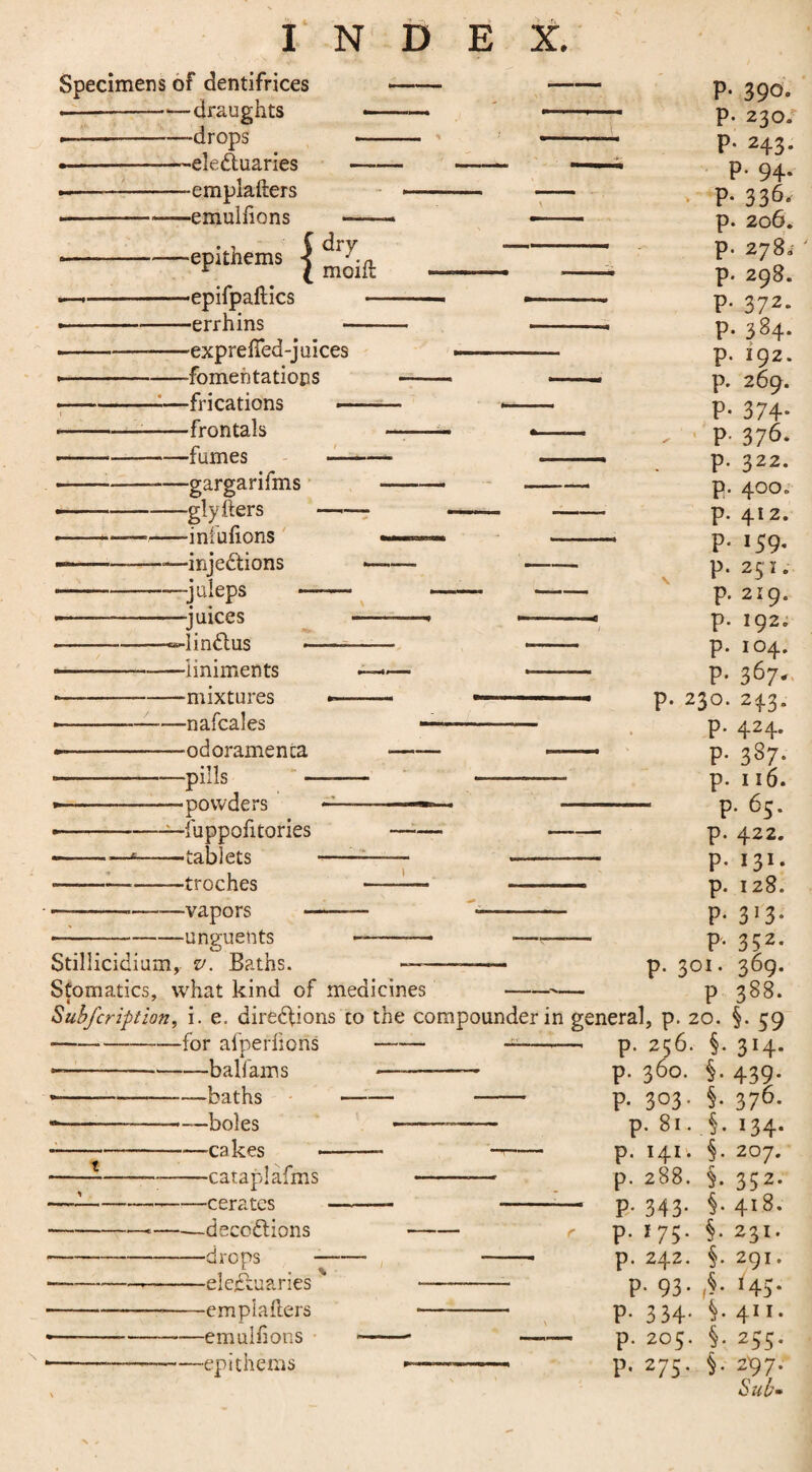 Specimens of dentifrices —-—draughts .-—drops •-eleduaries -—--emplafters --emulfions -epithems { -epifpaftics — -errhins - -exprefTed-juices -fomentations -frications — -frontals -fumes - -gargarifms -glyfters —— -infufions -injedions — -juleps - -juices -— -lindus ——- -liniments — -mixtures ►—— -nafcales -odoramenta -pills —— ■powders --- -fuppofitories -tablets —■— -troches — -vapors- -unguents P- 39°* p. 230. P- 243* p. 94. p- 336- p. 206. p. 278» p. 298. P- 372* p. 384. p. 192. p. 269. P- 374- P 376. P* P- P- P- P- P- P- P- P* 230. P- P- P- Stillicidium, v. Baths. Stomatics, what kind of medicines Subfcription, i. e. diredions co the com --—for afperfioris- — -baliams —-— — -—--baths - •- —boles — ---ca kes -- --—-cataplafms — ---cerates -—- -—-——decodions — P- P- P- P- P- 301. P -drops — -eleduaries -emplailers -emulfions -epithems pounder in general, p. 20 p. 256. § § § .§ § § § § § ■I § § p. 360 P- 3°3 p. 8l p. 141 288 343 *75 242 P- 93 P- 3 34 p. 205 P- 275 P P P P 322. 400. 412. *59- 251. 219. 192. 104. 367- 243- 424* 3^7- 116. i. 65. 422. 131. 128. 3r3- 3>2* 369. 388. §•59 3H* 439* 3 76- I34* 207. 352- 418. 231. 291. 145. 411. 255* 297. Sub»
