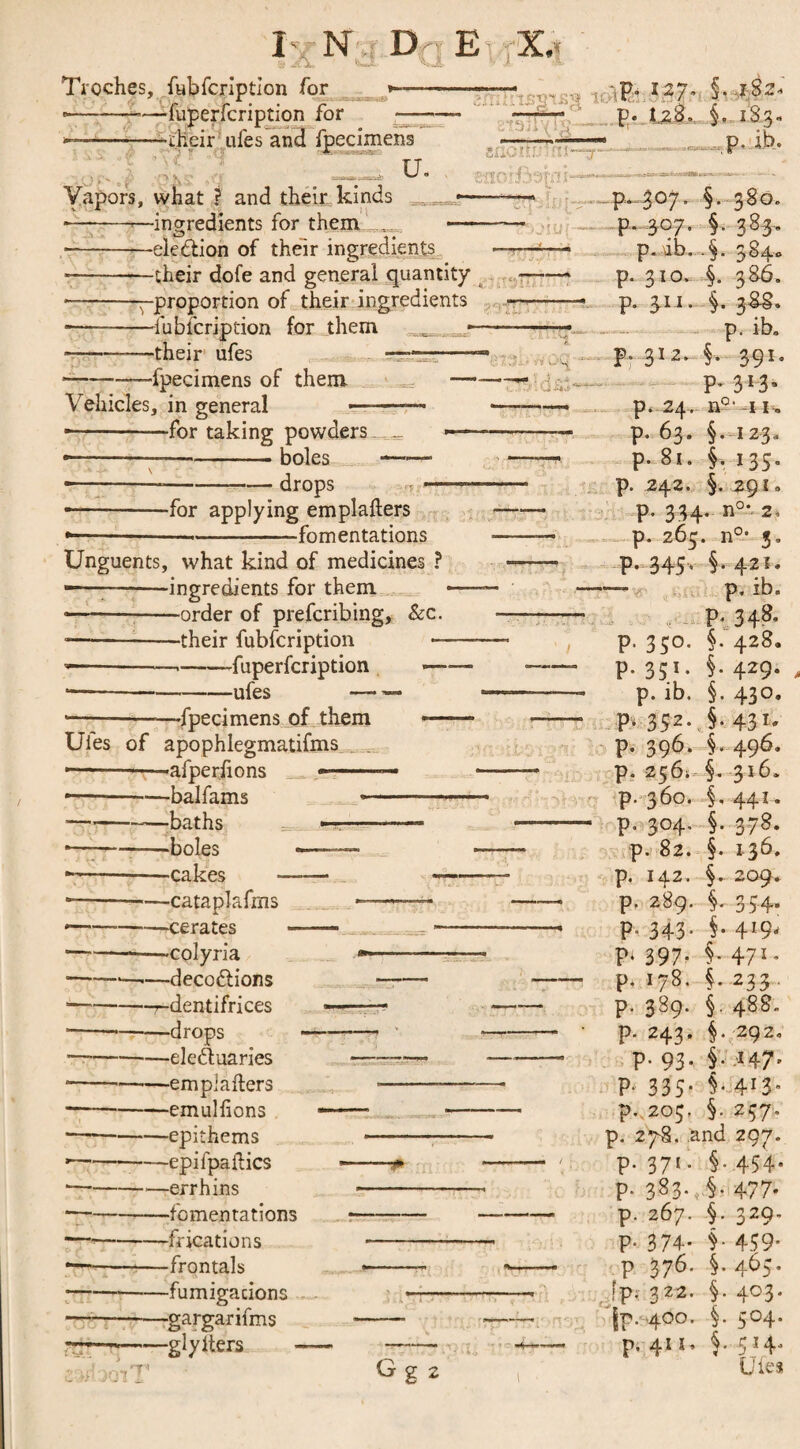 Troches, fubfeription for »-—- —--—fuperfcription for -— —-'their ufes and fpecimens 1Z1 u. . Yapors, what J and their kinds — * -’—ingredients for them -— • -election of their ingredients -their dofe and general quantity -^proportion of their ingredients ----fubfeription for them ► -——their ufes —-- ■fpecimens of them — *3 il rn- Vehicles, in general ‘ Q J for taking powders boles drops --for applying emplafters * -—-fomentations Unguents, what kind of medicines ? — -ingredients for them * -order of preferibing, &c. —* *-their fubfeription — — -.--fuperfcription — -ufes -fpecimens of them Ufes of apophlegmatifms ■ -afperlions --balfams --—baths -boles -cakes ---cataplafms -—-cerates — -—colyria -*—.—decodlions * -r-dentifrices ■---drops * -ele&uaries --empiafters -emulfions ---epithems * -epifpaflics * -err h ins *-—-fomentations —•-frications * -frontals -fumigations -gargarifms —-glylters '.P* ^ 2/» §• IS2* l 2S. §. I S3. ,P* i-b* -P~4°7, p. 307. p. ib. P- 3TO* §. 380» f sH' *§• 384® §. 3S6. p. 3-u.y. p. ib. p. 391. P* 3*3- p. 24. n°-n-. p. 63 • § • -123» p. 81. §. 135. p. 242. §. 29 K p. 334. n°* 2, p. 265. n°' 3, P* 345 “ §• 42 — p, ib. p. 348. 428. 429. 430. 43 496. 316. 441- 378. 136. 209. 3 54-* 4l9' 471. 233 488. 292. 4 47' 413. 257, 297. 454- 477. 329- 459* 46j. 4.0 3- 5°4- 514. p. 350. § p. 351. § p. ib. § P‘ -,s p. 396. § p. 256; § p. 360. § P- 3°4- § p. 82. § p. 142. § 289. § 343- § 397- § 178. § 389- § 243- S p. 93- § P- 335- § p. 203, § p. 278. anc p. 371. § P- 383§ p. 267. § P- 374* $ P 376- § [p; 3 2 2. § jp. 4OO. § p. 4I I, ^ P- P- P‘ P- P- P* ii' % 2