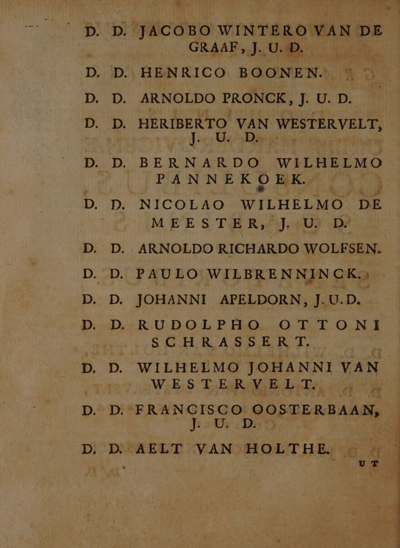 v vc boo: ARNOLDO PRONCK, pup e HERIBERTO VAN WESTERVELT, sd | BERNARDO WILHELMO PANNEKOEK. | NICOLAO WILHELMO DE. MEESTER, J..U) D PAULO WILBRENNINCK.; JOHANNI APELDORN, J. U.D RUDOLPHO OTTONI SCHRASSER T. | | WES Y RARO EdaT4/4 9 J:
