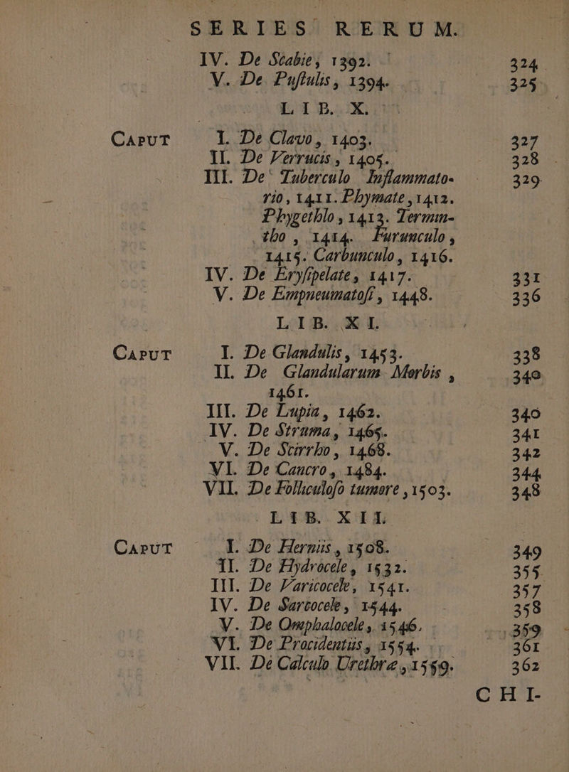 SERIES RERUM. IV. De Stabit, 1392..— 324 .— V. iDe. Puffulis, 1394. e 328: | LIB. X 3 CAPUT I. De Clavo , 1403. | 327 IL De Perrucis, 1405. Mi nce og III. De: Tuberculo Inflammato- — — 329 710, X411. Pbymate ,1412. Phygetblo , 3413. Zermn- .tbo , 1414. Puranculo , 1415. Carbunculo, 1416. IV. De Eryfpelate, 1417. 331 V. De Empueumatofi , 14.48. 336 | LIB. XL CAPUT I. De Glandulis , 1453. 338 IL De Glaudularum. Merbis , 249 14 61. ! IIT. De Lupia, 1462. Nr IV. De $trama, 1465. 341 V. De $cirrbo, 1468..— 342 VI. De Cancro , 1484. 1 244. VIL. 2De Folliculofo tumore 1503. 248 EXTIUTID CaruT | De Hermüis,1508. 349 | 1L De Hydrocde, 1832. | 355. III. De Faricocele, xs4r. 357 IV. De $artocele ,/ 1544. 358 V. De QOmpbalocele ,. 35466. 4359 VI. De Praocideutüs, 1554... |. 361 VIL Dé Calculo Uretbre ,15$9. 362 EE C H I-