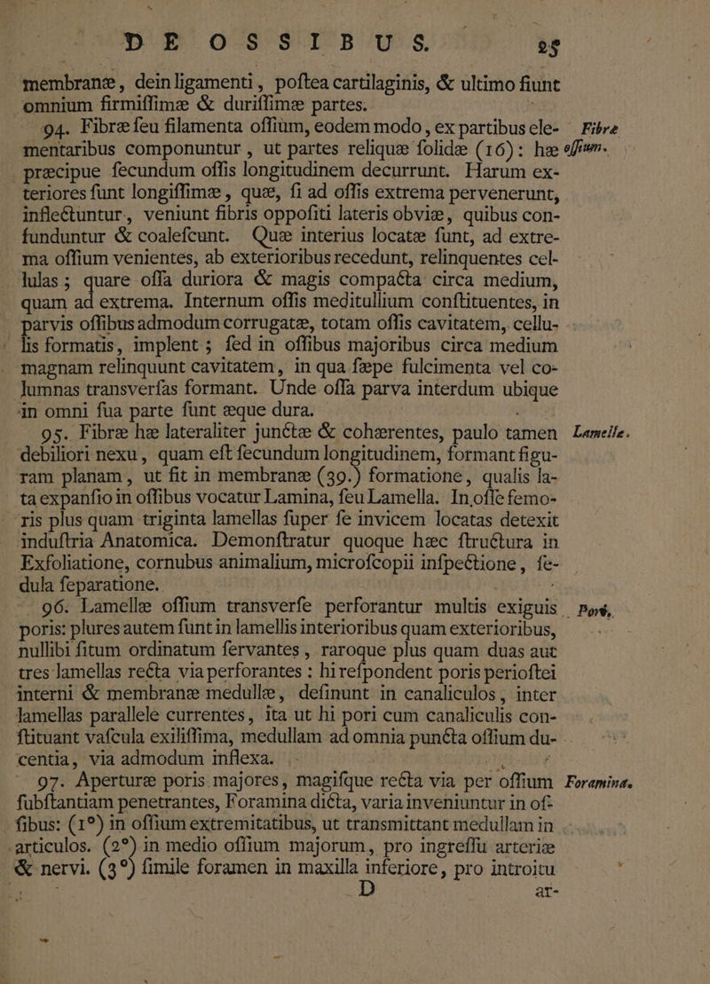 p Podés: membrane, deinligamenti, poftea cartilaginis, &amp; ultimo fiunt omnium firmiffime &amp; duriífime partes. : precipue fecundum offis longitudinem decurrunt. Harum ex- teriores funt longiffimze , qua, f1 ad offis extrema pervenerunt, infle&amp;tuntur, veniunt fibris oppofiti lateris obvie, quibus con- funduntur &amp; coalefcunt. Qus interius locate funt, ad extre- ma offium venientes, ab exterioribus recedunt, relinquentes cel- lulas; quare offa duriora &amp; magis compacta circa medium, quam ad extrema. Internum offis meditullium conftituentes, in . lis formatis, implent ; fed in offibus majoribus circa medium . magnam relinquunt cavitatem,, in qua fepe fulcimenta vel co- Jumnas transverfas formant. Unde offa parva interdum ubique 4n omni fua parte funt seque dura. - pus . 95. Fibre hz lateraliter junétze &amp; cohsrentes, paulo tamen debiliori nexu, quam eft fecundum longitudinem, formant figu- ram planam, ut fit in membrane (39.) formatione, qualis la- ta expanfioin offibus vocatur Lamina, feu Lamella. In.offe femo- ris plus quam triginta lamellas fuper fe invicem locatas detexit induftria Anatomica. Demonftratur quoque hec ftruéctura in dula feparatione.. : -. 96. Lamelle offium transverfe perforantur multis exiguis poris: plures autem funt in lamellis interioribus quam exterioribus, nullibi fitum ordinatum fervantes ,. raroque plus quam duas aut tres lamellas recta via perforantes : hirefpondent poris perioftei interni &amp; membrane medulle, definunt in canaliculos, inter lamellas parallele currentes, ita ut hi pori cum canaliculis con- Larmeile. centia, via admodum inflexa. .. NES má 97. Aperture poris majores, magifque re&amp;ta via per offium fubftantiam penetrantes, Foramina dicta, varia inveniuntur in of- fibus: (19) in offium extremitatibus, ut transmittant medullam in articulos. (2?).in medio offium majorum, pro ingreffu arterize &amp; nervi. (39) fimile foramen in maxilla un: pro introitu : 5E ar- Foramina,