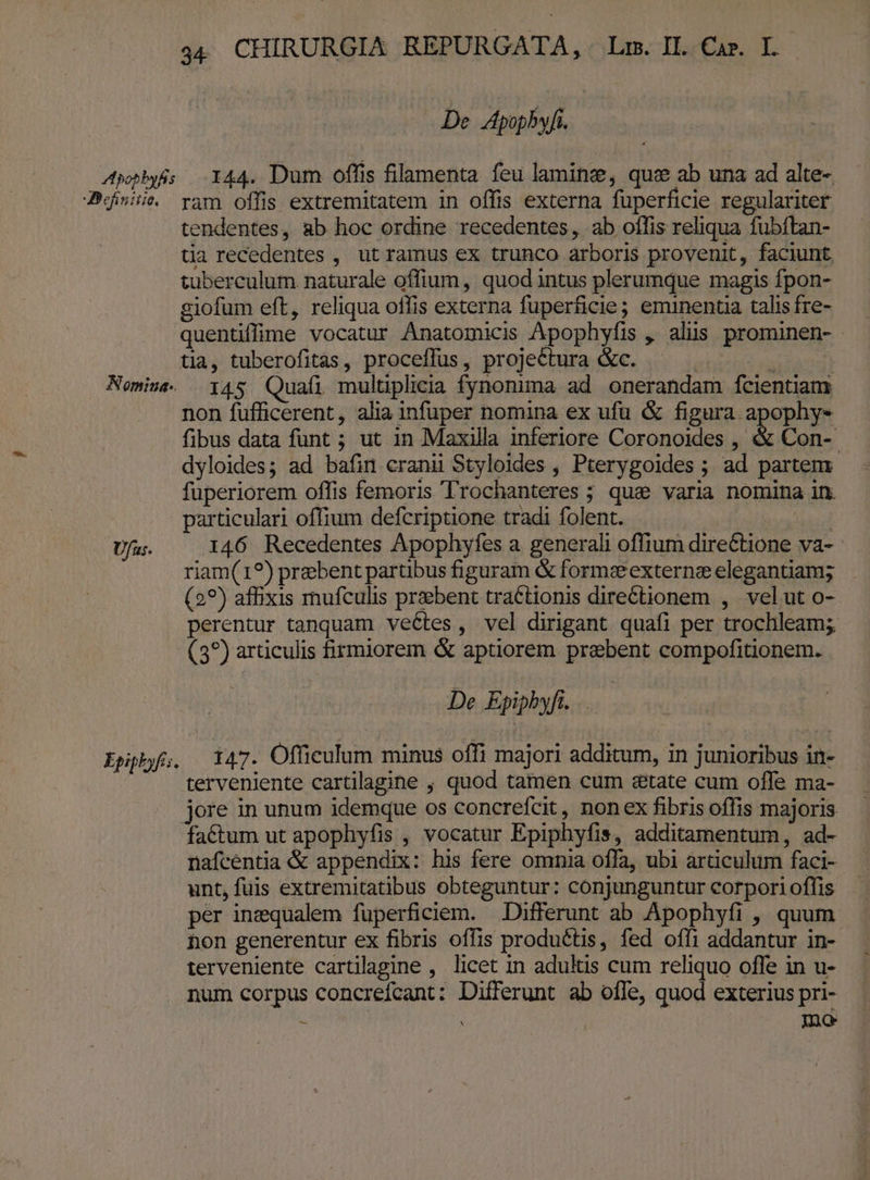 De Apopbyfi. Ajobhyss —.144. Dum offis filamenta feu laming, quc ab una ad alte- Desi. ram offis extremitatem in offis externa fuperficie regulariter tendentes, ab hoc ordine recedentes, ab oílis reliqua fubftan- tia recedentes , ut ramus ex trunco arboris provenit, faciunt. tuberculum naturale offium, quod intus plerumque magis fpon- giofum eft, reliqua offis externa fuperficie; eminenua talis fre- quentifflne vocatur Anatomicis Apophyfis , aliis prominen- tia, tuberofitas, proceffus, projeétura &amp;c. Sek | Nomius. 145. Quafi multiplicia fynonima ad onerandam fcientiam non fufficerent, alia infuper nomina ex ufu &amp; figura apophy* fibus data funt ; ut in Maxilla inferiore Coronoides , &amp; Con- dyloides; ad bafin cranii Styloides , Pterygoides ; ad partem fuperiorem offis femoris Trochanteres ; qua varia nomina in. particulari offium defcriptione tradi folent. ken did Ufa. 146 Recedentes Apophyfes a generali offium direCtione va- riam(19) prebent partibus figuram &amp; formzexternz elegantiam; (29) affixis mufculis praebent tractionis directionem , velut o- perentur tanquam vectes, vel dirigant quafi per trochleam; (3?) articulis firmiorem &amp; aptiorem praebent compofitionem. De Epiphyft. Ephjf.. 147. Officulum minus offi majori additum, in junioribus in- terveniente cartilagine , quod tamen cum state cum offe ma- jore in unum idemque os concrefcit, non ex fibris offis majoris factum ut apophyfis , vocatur Epiphyfis, additamentum, ad- nafcentia &amp; appendix: his fere omnia offa, ubi articulum faci- unt, fuis extremitatibus obteguntur: conjunguntur corpori offis per inequalem fuperficiem. | Differunt ab Apophyfi , quum hon generentur ex fibris offis produé&amp;tis, fed offi addantur in- terveniente cartilagine , licet in adukis cum reliquo offe in u- num corpus concrefcant: Differunt ab offe, quod exterius pri- E : Ino