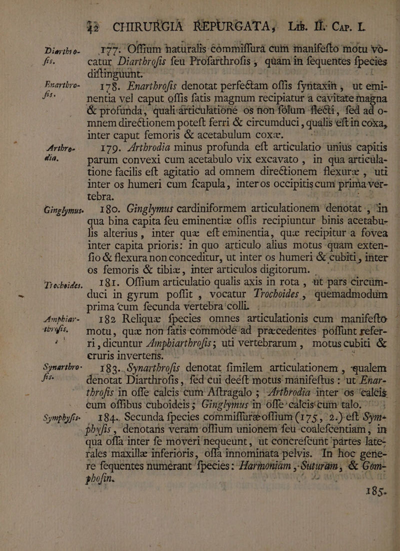Dieibo- | YT77: Offiüm naturalis: cómmiffura cum manifefto motu vó- fis. catur Diartbrofis feu Profarthrofis , quam in fequentes gen diftinguunt. FEartbre. — i78. Enaribrofis denotat perfectam offis fyntaxin , ut emi- d nentia vel caput offis fatis magnum recipiatur a cavitate mapna &amp; profunda, quali-árticulátioné os non folum fle&amp;ti, fed ad o- mnem directionem poteft ferri &amp; circumduci , qualis eftin 1 cóRa, inter caput femoris &amp; acetabulum coxz. Arbre... 179. Zrtbrodia minus profunda eft articulatio unius capitis dia. parum convexi cum acetabulo vix excavato , in qua articula- | tione facilis eft agitatio ad omnem dire&amp;ionem- flexure , uti inter os humeri cum fcapula, interos DcCrpuHs cum ha ver- tebra. Ginglymu. — 180. Ginglymus cardiniformem articulation denotat ;; ;'in qua bina capita feu eminentiz offis recipiuntur binis acetabu- lis alterius , inter quz efteminentia, quz recipitur a fovea inter capita prioris: in quo articulo alius motus quam exten- fio &amp; flexura non conceditur, ut inter os humeri &amp; cubiti, inter os femoris &amp; tibix, inter articulos digitorum. | Tredeide, 181. Offium articulatio qualis axis in rota , 8t pars circüm- duci in gyrum poflit , vocatur Trochoides n quemadmodum prima cum fecunda vertebra colli . Amphar- — 182 Reliqux fpecies omnes onn cum manifefto 45. motu, quz non fatis commodé ad precedentes poffunt refer- ORNNDI , dicuntur mpbiartbrofi LE uti vertebrarum , motus cubiti &amp; cruris invertens. . Symartbro-.— Y83. Synartbrofis denotat á milem articulationem : TA fis denotat Diarthrofis , fed eui deeft motus manifeftus : ut Enar- tbrofis in offe calcis cum Aftragalo ; Zfrtbrodia inter Os ealeis. | .. eum offibus cuboideis; Ginghymus in offe: caleis:cüin talo; ^ : Symphyfis. — 184.. Secunda fpecies commiffurieoffium (175, 9.)eft Synt. fhyfis , denotans veram: olfium unionem feu coalefeentiam , in qua offa inter fe moveri nequeunt, ut concrefcünt partes láte- rales maxille inferioris, offa innominata pelvis. Tn hoc gerie- re fequentes numerant fpecies : Harmoniám , MUS &amp; Gem- ghofin. (o WW 185.