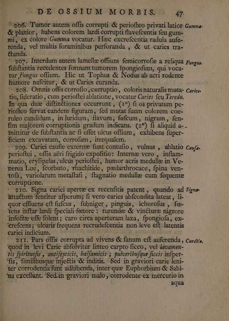 &amp; planior, habens colorem lardi corrupti flavefcentis fen gum- mi, ex colore Guia vocatur. Hiec excrefcentia radula aufe- tenda, vel multis foraminibus perforanda , «&amp; ut caries tra- &amp;anda. CCo BR DR. Cu ^ 907. Interdum autem lamelle offium femicorrofz a reliqua fubftantia recedentes formant tumorem fpongiofum, qui voca- tur Fungus offium. Hic ut, Tophus &amp; Nodus ab acri rodente humore nafcitur, &amp; ut Cariés curanda. U —.908. Omnis offiscorrofio ;cerruptio, coloris naturalis muta- tio, fideratio , cum perioflei ablatione , vocatur Caries feu Teredo. n qua du&amp; diftinétiones occurrunt , (19) fi os privatum pe- riofteo fervat eandem figuram, fed mutat fuum colorem coe- ruleo candidum, inluridum, flavum, fufcum, nigrum, fen- mittitur de fubftantia ac fi effet ulcus -offium , exhibens fuper- ficiem excavatam, corrofam , inzqualem. | | 909. Cariei caufe externie funt contufio, vulnus ,. ablatio perioftei ,. offis aéri frigido expofitio: Interne vero ,. inflam- tofa, variolarum metaftafi , ftagnatio medulle cum fequente corruptione. | 2TO. Signa cariel aperte ex recenfitis patent , quando ad attactum fentitur afperum; fi vero caries abfcondita lateat, li- quor eflluens eft fufcus , fuübniger, pinguis, ichorofus , foe- tens inftar lardi fpecialifeetore : turunde &amp; vincture nigrore infé&amp;be effe folent ; caro circa aperturam laxa, fpongiofa, ex- refcenis; ulcéris frequens recrudefcentia non leve eft. latentis cariei indicium. NUMAE LH | Miriet 52 - 91T. Pars offis corrupta ad vivens &amp; fanum eft auferenda, quod in: levi Carie àbfolvitur linteo carpto ficco, vel Javanen- tis fpirituofis , antifepticis, balfamicis ; pulveribufque ficcis infper- ^fis, fimilibusque imjeétis &amp; 1nditis. 'Sed in graviori carie leni- tér corrodentda funt adhibenda, inter que Euphotrbium &amp; Sabi- 'na excellunt. Sedan graviori malo ; corrodente ex mercurio in | aqua Fungus. Caries. » Cau[- Signa» Curtis.