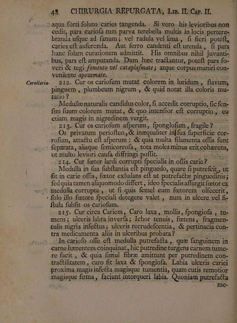 Coroljarta. branda ufque ad fanum; vel radula vellima , fi fieri poteft, caries eft auferenda, Aut ferro candenti eft urenda , íi pars hanc folam curationem admittit. EHis omnibus nihil. juvanti- veri &amp; tegi fomento vel . cataplafiate j atque corpus muniri con- veniente apozemate, 212. Cur os cariofum mutat colorem i in luridum , flavum, pinguem , plumbeum nigrum , &amp; quid notat illa coloris mu- tatio ? | Medulle naturalis candidus color, fi accedit corruptio, fic fen- fim fuum colorem mutat, &amp; quo intenfior eft corruptio , €9 213. Cur os cariofum afperum, fpongiofum , fragile $ $0 Os privatum periofteo , &amp; inequaliter injfua fuperficie Cor- e ut pe leviori caufa diffringi pofüit. . Cur feetor lardi corrupti fpecialis in offis carie: 3 Medulla i in fua fubftantia eft pinguedo, quare fi putrefcit , ut fit in carie offis, feetor exhalans eft ut putrefactee pinguedinis; fedquiatamen aliquomodo differt , ideo fpecialis affurgit foetor ex medulla corrupta:, ut fi quis femel eum: feetorem - olfecerit, folo illo feetore fpeciali detegere valet , num in ulcere vel fi- ftula fubfit: os. cariofum. i .. 915. Cur circa Cariem, Caro laxa, mollis , fpongiofa , , tu- tra medicamenta aliis in ulceribus probata? In cariofo offe..eft medulla putrefacta ,. que fanguinem i in carne hzrentem coinquinat, hic putredine turgens carnem tume- re facit, &amp; quia fimul fibre amittunt per putredinem con-