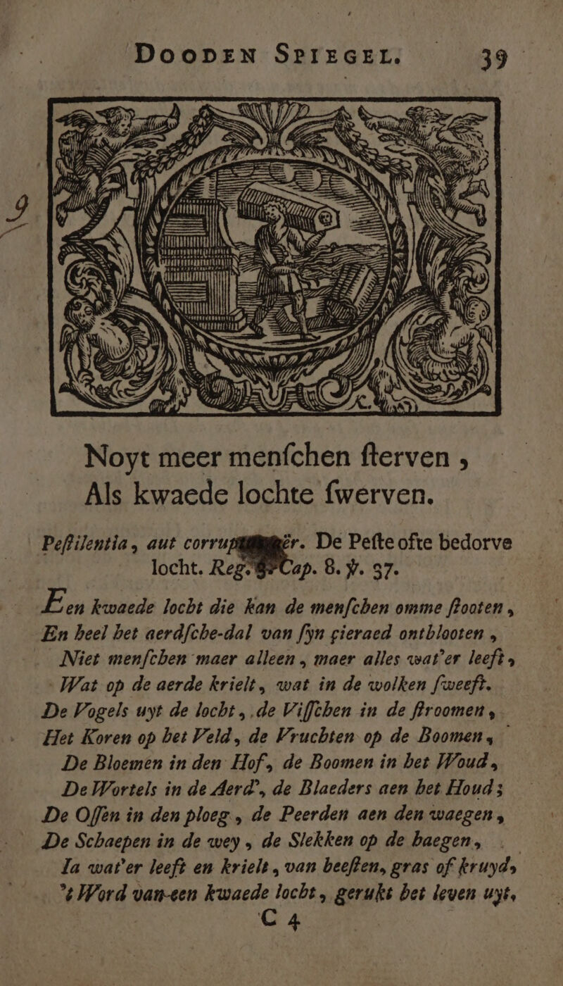RK Nii MN AL A5: ka Vl ve Ne © EFS \ | 5 pn De == Res Wp AV ld Af WS VE Ps 41 tt { E EE) Ej Er. De Pefte ofte bedorve ap. 8, #. 37. E en kwaede locht die kan de menfchen omme floaten, En heel bet aerdfche-dal van fyn gieraed ontblaoten , Niet menfchen maer alleen , maer alles water leeft 3 „Wat op de aerde krielt, wat in de wolken fweeft. De Vogels uyt de locht „de Viffchen in de flroomen, Het Koren op bet Veld, de Vruchten op de Boomen, De Bloemen in den Hof, de Boomen in bet Woud, De Wortels in de Aerd’, de Blaeders aen bet Houd; De Offèn in den ploeg, de Peerden aen den waegen;, De Schaepen in de wey , de Slekken op de baegen, Za water leeft en krielt , van beefden, gras of kruyds “Ward van-een kwaede locht , gerukt bet leven uyt, C 4 Peftilentia , aut corru locht. Reg: