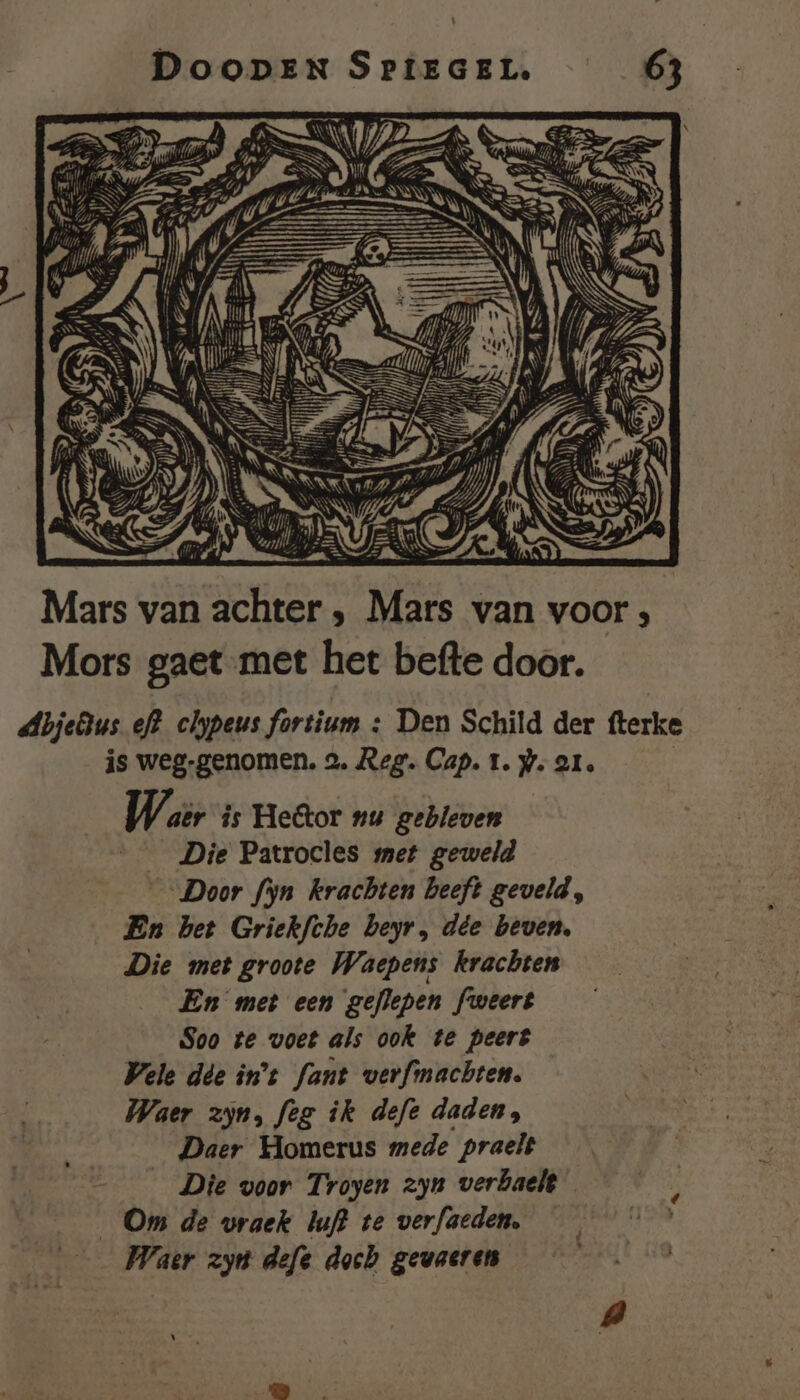 Mars van achter , Mars van voor, Mors gaet met het befte door. dbjeus ef? clypeus fortium + Den Schild der fterke is weg-genomen. 2. Reg. Cap. 1. W. 21. | War is Hetor nu gebleven …_Die Patrocles met geweld Door fyn krachten beeft geveld, En het Griekfche beyr, dée beven, Die met groote Waepens krachten En met een geflepen fweert Soo te voet als ook te peert Vele die in't fant verfmachten. Waer zyn, feg ik defe daden, Daer Homerus mede praelt ___ Die voor Troyen zyn verbaelt Om de vraek luft te verfaeden. Waer zyn defe doch gewaeren