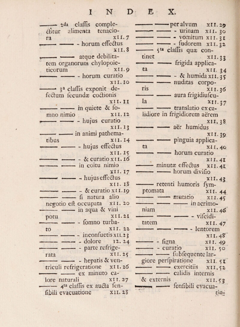 --— ida clafUs comple- dltur alimeiita tenacio¬ ra XI 1.7 --- ——. - horum effedus XII,8 - — atque debilita¬ tem organorum chylopoie- ticorum xii.9 — --horum curatio XII,IO —— 3“ claflis exponit de- fedum fecundae codionis XII. II -1 — in quiete & fo- mno nimio xii.12 ---hujus curatio XII. i| ---in animi pathema- tibus XI 1.14 --hujus efFedus XII.15 — — - & curatio XII. 16 . -- in coitu nimio XII.17 — --- ^ hujus effedus XII. 1.8 --& curatio XII. 19 - - fi natura alio negotio efi: occupata xii. 20 --—_ - in aqua & vini potu XII. 21 --fomno turba- - tO XII. 22 —» _« - inconruetisxii.23 ~—— —— - dolore 12. 24 --—- parte refrige¬ rata XII. 25 --— . hepatis & ven¬ triculi refrigeratione XI 1.26 — -ex minuto ca¬ lore naturali xii.zy —— 4ta clafiis ex auda fen- fibiii evacuatione xii. 2S -—— per alvum xi i. 29 ----urinam xii. 30 - —. - vomitum xii.31 ■ .- —— - fudorem xii.32 •- 5*» claffis quas con¬ tinet XII. 33 —- —— frigida applica- ta XII. 34 - —— - &humidaxn.3^ . ' - nuditas corpo¬ ris XI 1.36 -aura frigidiufcu- la XII.37 - — translatio ex ca¬ lidiore in frigidiorem aerem XII,38 ——- —- aer humidus XII. 39 -— pinguia applica¬ ta ^ XII, 40 * —- horum curatio xri. 41 - minutJE efFedus x 11.41 —-horum divifio XII.42 -retenti humoris fym- ptomata ^ xir. 44 -- —mutatio xii.45^ -in acrimo¬ niam XII. 4^ -- — ■ --vifeidi- tatem xii. 47 ■ --* —^ - lentorem XII. 45 -figna XII. 49 —-— - curatio xii. 50 -fubfequente lar¬ giore perfpiratione xii. 5:1 -- --- exercitiis x 11,52 --—— calidis internis 6c externis xii.51 - fenfibili evacua- ^—’