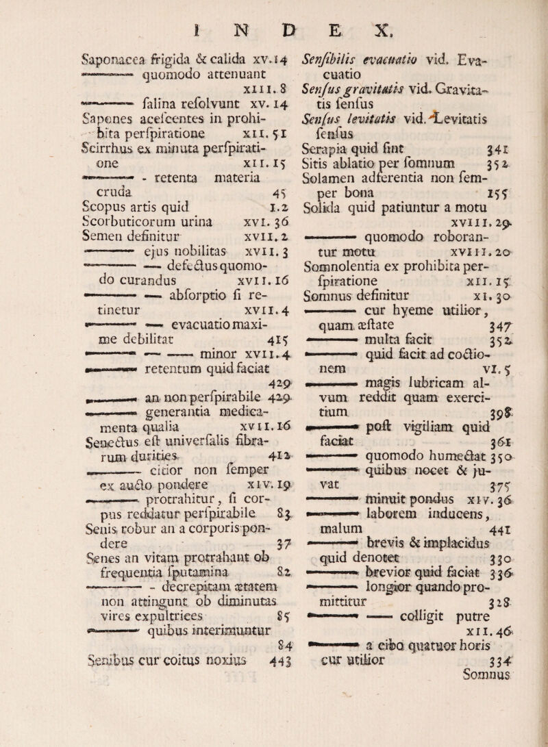 Saponacea frigida 6c calida xv. i 4 quomodo attenuant XIII. 8 ——* falina refolvunt xv. 14 Sapones aceicentes in prohi- ^ hita perfpiratione x 11. 51 Scirrhus ex minuta perrpirati- one XII. 15 - retenta materia cruda 45 Scopus artis quid 1.2 Scorbuticorum urina xvi. 36 Semen definitur xvii.2 --- ejus nobilitas xvii.3 --'— defedus quomo¬ do curandus xvii.16 - — abforptio fi re¬ tinetur XVII. 4 -* ~ evacuatio maxi¬ me debilitat 41') ..—~ —- minor xvii.4 retentum quid faciat 42<^ — an non perfipirabile 429^ „ generantia medica¬ menta qualia xv 11. id Senetlus eft univerfalis fibra¬ rum durities. 412- --- cidor non femper ex au do pondere xiv. 19 protrahitur, fi cor¬ pus redaatuf perfpirabile 83, Senis robur an a corporis pon¬ dere 37 Senes an vitam protrahant ob frequentia fputamina 82 —-— - decrepitam agtatem non attingunt, ob diminutas vires expultrices 85 —-*• quibus interimuntur 84 Senibus cur coitus noxius 44i Senjibtlis evacuatio vid. Eva¬ cuatio Senju$ gravitatis vid. Gravita¬ tis fenfus Senfus levitatis vid. devitatis fenfus Serapia quid fint 341 Sitis ablatio per fomiium 352 Solamen ad ferentia non fem- per bona 15 f Solida quid patiuntur a motu xviii, 29. —— quomodo roboran¬ tur mtDtu XVIII. 20 Somnolentia ex prohibita per¬ fpiratione XII. Somnus definitur xi. 30 cur hyeme utilior, quam, teftate 347 —, multa facit 352. --- quid fecit ad codio- nem vi. % ■M . .I.— ma^s lubricam al¬ vum reddit quam exerci- 39^ poft vigiliam quid quomodo hurr^dat 350 quibm nocet }u- mmuit pondus xrv. 36 laborem inducens, malum 441 —— brevis & implacidus quid denotet 330 brevior quid feciat 336< long^r quando pro¬ mittitur 328 ' ■ ** — colligit putre XII. 46 a cibo quatuor horis cur utiMor 334 Somnus vat