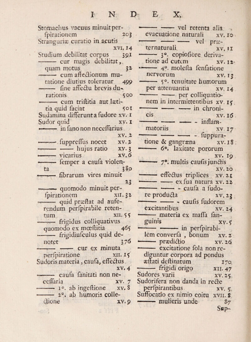 Stomachus vacuus minuitper- fpirarionem 2,03 Stranguriae curatio in acutis XVI. 14 Studium debilitat corpus 391 —- cur magis debilitat,. quam motus 32, ---- cum aliedionum mu¬ tatione diutius toleratur 499 line aifedu breyis du^ rationis 500 ——r cum trillitia aut laeti¬ tia quid faciat 5^1 Sudamina differunt a fudore xv. i Sudor quid xy. i --- —- in fano non neceffarius. XV. 2 ^ - -ffuppreffus nocet xv, i --— hujus ratio xy. 3 —— vicarius xv. 6 femper a caufa violen¬ ta SSp -r— fibrarum vires minuit — quomodo minuit per- fplrationem xii.3i --—— quid praeflat ad aufe¬ rendum perfpirabile reten-^ tum XII. $ ^ —frigidus colliquativus quomodo ex moeflitia 4<^5 »■ — ■ frigidiufculus quid de¬ notet 37d ^ cur ex minuta perfpiratione xii. Sudoris materia, caufa, effeffus, XV, 4 *- caufa fanitati non ne- ceffaria xv. 7 —— 10. ab ingelfione xv. 8 - 2®. ab humoris colle- ®one XV. 9 '-vel retenta alia evacuatione naturali xv. 10 ..— vei prae- ternaturali. xv, ii '—^— 3®. copiojfiore deriva¬ tione ad cutem xv. iz- — 4®' molelia fenfatione nervorum xv. i| —-— tenuitate humorum per attenuantia xv. 14 ——' - per coi liquatio¬ nem in intermittentiDus xv. i^. ^ — —— in chroni¬ cis, xv. 16. -- —-inflam¬ matoriis XV. 17^ —^-- . fuppura- tione & gangraena xv, i S - ■ 6®. laxitate pororum ^ XV. 19 ~ ' 7f. multis caufisjunffis XV. 20 - ■ effeffus triplices xv. — -ex fua natura xv. iz --- --caufa a fudo¬ re produffa xv. 2| *-- caufis fudorem excitantibus xv. 24 . — materia ex rnaffa fan- guinis XV. ^ -- in perfpirabi- I^m converfa , bonum xv. z .. praediffio xv. 20. •—— excitatione fola non re¬ diguntur corpora ad pondus jeftati deftinatum 170, '—— frigidi origo xii. 47 Sudores varii xv. 25, Sudorifera non danda in reffe perfpirantibus xv. Suffocatio ex nimio coitu xvii, S ——- mulieris unde P/ Sbp«