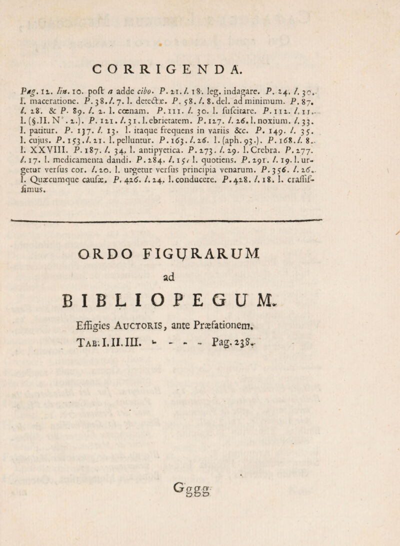 CORRIGENDA. Pag. 11. //«. IO. pofl a adde cih^ P. ii./. i8. leg. indagare. P. 14. /. r. maceratione. P.38./.7.I. detedijc. P. 58./. 8. dei. adminimum. P.87. /.18. &c p. %(). l. 1. cccnam. P. iii. /. 30. 1. fufcitare. P. iii. /, ii.. 1. (§.II. N. 1.). P. III. 31.1.ebrietatem. P. 117. /. i6,1.noxium. /.33. ]. patitur. P. 137. /. 13. 1. itaque frequens in variis &c. P. 149. /. 35. 1. cujus. P. 153./. II. 1, pelluntur. P.i6}.l.z6. l.(aph. 93.). P. i(58./. 8.. 1. XXVIII. P. 187./. 34, 1. antipyetica. P.i73./. 19. 1.Crebra. P.177. /,17. I. medicamenta dandi. P.184. /. i^/l. quotiens. P.z^i. /. 19.1. ur¬ getur verfus cor. /. lo. 1. urgetur verfus principia venarum. P.^$6. I. Quaccumque caufx. P, 416. L 14. 1. conducere. P.418. /. 18. 1. crafllf- £mus. ORDO FIGURARUM ad BIBLIOPEGUM. T Effigies Auctoris, ante Praefationem. TAE.I.II.m. , Pag.ajS,. <^ggg'