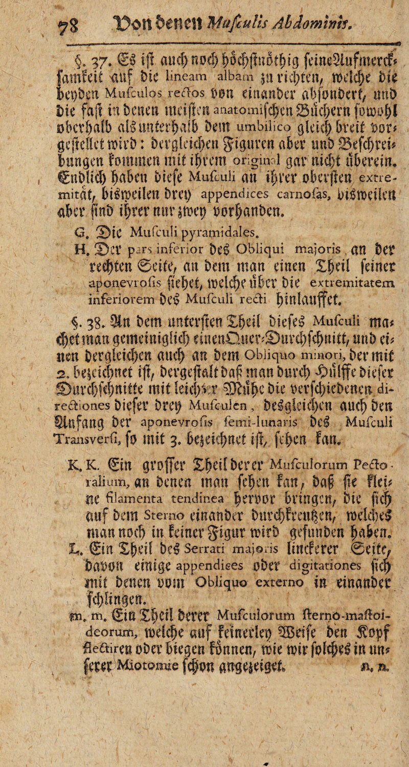 IDon MufcuVis Ahâomtnh. §. 37. S$ ifï auchnofhbchfïnDtbig femeSiufmercf* famfeit auf î>îe üneam aiham $a rieten, welche Dié bepDen Mufcuîos reifios oon einander abjbnberf, uni) Die fajb in Denen meijîcn anatomischen 23ucf;ern fou>o^I oberhalb all unterhalb Dent umbilico gleich .breit Dot* gejMctmirb : Dergleichen giguren aber nnD *5efd)vei* bangen fommen mit ihrem original gar nicht uberein. SnDjich hüben Diefe Mufculi an ihrer oberjlen extre- mitat, bilmeilen Drei) appendices camofas, bilmeilett aber jtnb ihrer nurjmep oorhanDen. G. 2)iC Mufculi pyramidales. H. 2>cr pars inferior Del Obliqui majoris . an Det rechten ©cite, au Dem man'einen Xheil feiner aponevrofis fiet)Cty treize liber Die extremitatem, inferiorem Del Mufculi recli hiulailffet. §. 38. Sin Dem unterften Xheil Diefel Mufculi ma* <tf)ef man gemeiniglich cinenÖucaiDuvchfömitt, unD et* neu Dergleichen auch an Dem obliquo minori. Der mit 2. bezeichnet ijl, DergejMt Dab man Durch kniffe Diefer Duvchfcfmitte mit leichter SDHheDie uerfchieDenen di¬ rectiones Diefer Drei) Mufculen, Dergleichen auch Den Anfang Der aponevrofis femi-lunaris Del Mufculi Transverti, fo mit 3. bezeichnet 1% fehen Fan. K. k. Sin groffer Xheil Derer Mufculomm Pe&o - talium, an Denen man fehen Fan, Daf |re flei* tie filamenta tendinea heroor bringen, Die fich auf Dem stemo einanDer Durchlaufen, mdcbel man noch in Feiner ^igur mirö gefunDen haben. tu Sin Xheil Del Serrati majoris lincFerct ©eite, DatlöU einige appendices oDer digitationes fich mit Denen uom Obliquo externo in dnanDcr p|ngen. ?n( m, Sin Xhcil Derer Mufculorum fternô-mafïüi- deorum, tDeCcÇc auf Femelle^ SBeife Den $opf fleftiren oDer biegen Fbnnen, voit mir folcjml in un? feçsr Miotomre (c|pn gngezeigeri n, n.