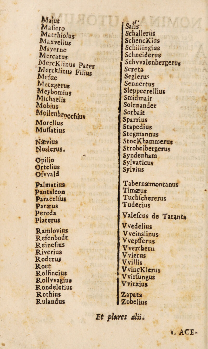 ■Kfajujj Mafiero ^atthio/us JVlaxvellus ^ayerne M‘reatus MercKlinus Pater Se'inUS Fi,ius ^^tzgerus Meybomius jwichaelis Mobius frfoilenbj-occf,;us JMorellus Muffatius Novius ^oslcrus* Opilio Ortelius Ofvvald Palmarius Pantaleon Paracelfus Paraeus Pereda Platerus Ramlovius Refenbodt Reinefius Riverius Roderus Roet Rolfincius Rollvvagius Rondeletius Rothius Rulandus Saffs Schallerus SchencKius Schillingius Schneiderus Schvvalenbergeru# Screta Seglerus Sennertus Sleppecrellius Smidmair ( Solenander ISorbait Sparrius Stapedius Stegmannus StocKhammerus Strobelbergerus Syndenham Sylvaticus Sylvius Tabernaemontanus Timaeus Tuchfchererus Tudccius Valefcus de Taranta Vvedelius Vveinslinus Vvepfferus Vvertbern Vvierus Vvillis VvincKIerus Vvirfungus Vvirzius Zapata Zobelius Et pium aliti