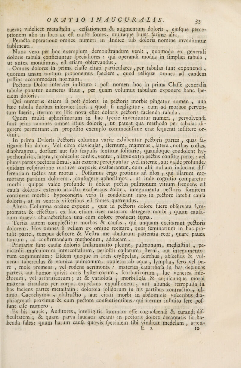 tuere; videlicet metadafin , ceffationem &amp; augmentum doloris , ejufque perce- ptionem alio in loco ac eli; caufae fomes, multaque hujus faringe alia. Peradla operatione omnes numeri in Indice fub doloris nomine inveniuntur fublineati. Nunc vero per hoc exemplum demondrandum venit , quomodo ex generali doloris tabula conficiuntur fpecialiores : qui operandi modus in Amplici tabula , ut antea monuimus, ed etiam obfervandus . Omnes dolores in prima dalle citati particulares , per tabulas funt exponendi, quorum unam tantum proponemus fpeciem , quod reliqua; omnes ad eandem poffint accommodari normam. Pedloris Dolor inferviet indituto : pod nomen hoc in prima ClalTe generalis tabula? ponatur numerus iflius , per quam volumus tabulam exponere hanc fpe¬ ciem doloris. Qui numerus etiam fi poh doloris in pedloris morbis pingatur nomen , una hsc tabula duobus inferviet locis / quod lì negligitur , cum ad morbos perven- tum fuerit, iterum ex iftis nova effet doloris pedloris facienda tabula . Quum multi aphorifmorum in hac Ipecie inveniuntur numeri , pervolvendi funt prius canones omnes idius doloris , ut pateat qua methodo per tabulas di- gerere permittant. in propofito exemplo commodilfime erat fequenti infidere or¬ dini . In prima Doloris Pedloris columna varia? exhibentur pedloris partes , quas fa- tigavit hic dolor. Vel circa claviculas, dernum, mammas , latera, nothas codas, diaphragma , dorfum aut fub fcapulis fentitur folitarie, quandoque condolent hy- pochondria , latera, fcrobiculus cordis, venter, aliaeve extra pedlus confitte partes : vel plures partes pedloris fimul, alii externe percipiuntur ,vel interne, aut valde profunde.* quidam refpiratione motuve corporis exalperantur, cum alii nullam inducant dif- ferentiam tadlus aut motus . Polfumus ergo protinus ad idos , qui illarum me¬ morane partium dolo.rem , confugere aphorifmos , ut inde cognitio comparetur morbi : quippe valde profunde li doleat peclus pulmonum vitium frequens eli caufa doloris, externo attadlu exafperans dolor , integumenta pedloris fomitem continent morbi : hypocondria vero fi condoleant raro in pedlore latebit caula doloris, at in ventris vifeeribus eli fomes qua?rendus. Altera Columna ordine exponit , qua? in pedloris dolore fuere obfervata fym- ptomata &amp; effedlus . ex hac etiam licet naturam detegere morbi / quum caufa- rum qu^vis charadlerillica una cum dolore producat figna. Tertia autem compledlitur morbos &amp; caufas , qui unquam excitarunt pedloris doìorem. Hos omnes fi vellem ex ordine recitare, quos feminarium in hac pro- tulit parte, tempus deficere &amp; Vedrà me abufurum patientia reor, quare pauca tantum , ad confirmandam methodum, adducam . Primaria? lunt caufa? doloris Inflammatio pleura?, pulmonum, mediaci ni , pe¬ ricardi! mufculorum intercoilaìium, perioflii collarum : derni, aut integumento- rum communium : Iifdem quoque in locis eryfipelas, feirrhus, abfceffus &amp; vul¬ nera: tuberculus &amp; vomica pulmonum: oppletio ab aqua, lympha, fero vel pu¬ re , mole premens , vel rodens acrimonia : materies catarrhofa in has depluens partes; aut humor quivis acris hyllericorum , fcorbuticorum , lue venerea infe- dlorum , vel arthriticorum ; ut &amp; vanolofa , morbillosa &amp; cujufcunque morbi materia circulans per corpus expedlans expulfionem , aut aliunde retropulfa in has faciens partes metallafin : doloro fa folidorum in his partibus co nt radi io , ul¬ timo Cacochymia , obllrudlio , aut citati morbi in abdominis vifeeribus dia- phragmati proximis &amp; cum pedlore confentientibus : qui iterum infinito fere pof- junt effe numero . Ex his paucis, Auditores, intelìigitis fummam effe cognofeendi &amp; curandi dif- dcultatem ; &amp; quam parva laudatis arcanis in pedloris dolore decantatis fit ha- benda fides: quum harum caufa qua?vis fpecialem libi vindicat medelam , atten- £2 to