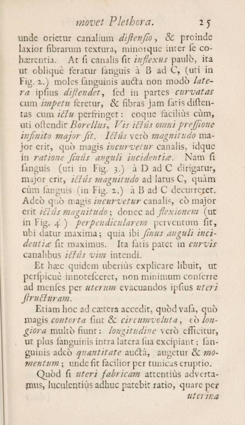 unde orietur canalium diflenflo, & proinde laxior fibrarum textura, minorque inter ie co- fixrcntia. At fi canalis fit inflexus paulo, ita ut oblique feratur ianguis a B ad C, (uti in Fig. 2.) moles (anguinis au&a non modo late¬ ra ipfius di (tendet, fcd in partes curvatas cum impetu feretur, & fibras jam faris diften- tas cum iBu perfringet: coque facilius cum, uti ofiendir Borellus, Vis iBus omni prejjione influito major Jit. IBus vcrb magnitudo ma¬ jor erit, quo magis incurvetur canalis, idque in ratione flutis anguli incidentia. Nam fi ianguis (uti in Fig. 3.) a D ad C dirigatur, major crir, iBiis magnitudo ad latus C, quam cum ianguis (in Fig. 2.) a 13 ad C decurreret. Adeo quo magis incurvetur canalis, eo major erit iBiis magnitudo; donec ad flexionem (ut in Fig. 4 ) perpendicularem perventum fit, ubi datur maxima; quia ibi flnus anguli inci¬ dentia fit maximus. Ita fatis patet in curvis canalibus iBiis vim intendi. Et haec quidem uberius explicare libuit, ut perfpicue innotefeeret, non minimum conferre ad menies per uterum evacuandos ipfius uteri ftruBuram. Etiam hoc ad extera accedit, quod vafa, quo magis contorta fiat & circumvoluta, cb lon¬ giora multo fiunt: longitudine vero efficitur, ut plus fanguinis intra latera iua excipiant; ian- guinis adeo quantitate audfa, augetur & mo¬ mentum ; unde fit facilior per tunicas eruptio. Quod fi uteri fabricam attentius adverta- jnus, luculentius adhuc patebit ratio, quare per uterina